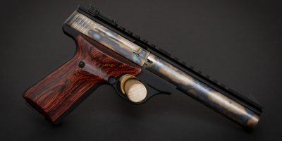 Photo of a color case hardened Browning Buck Mark Field Target pistol, featuring bone charcoal color case hardening by Turnbull Restoration of Bloomfield, NY
