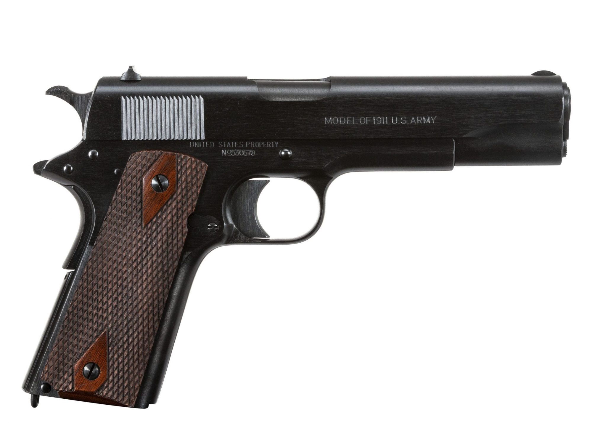 Photo of a restored Colt Model of 1911 U.S. Army from 1918, with correct "Black Army" finish. Restoration and finish work performed by Turnbull Restoration of Bloomfield, NY