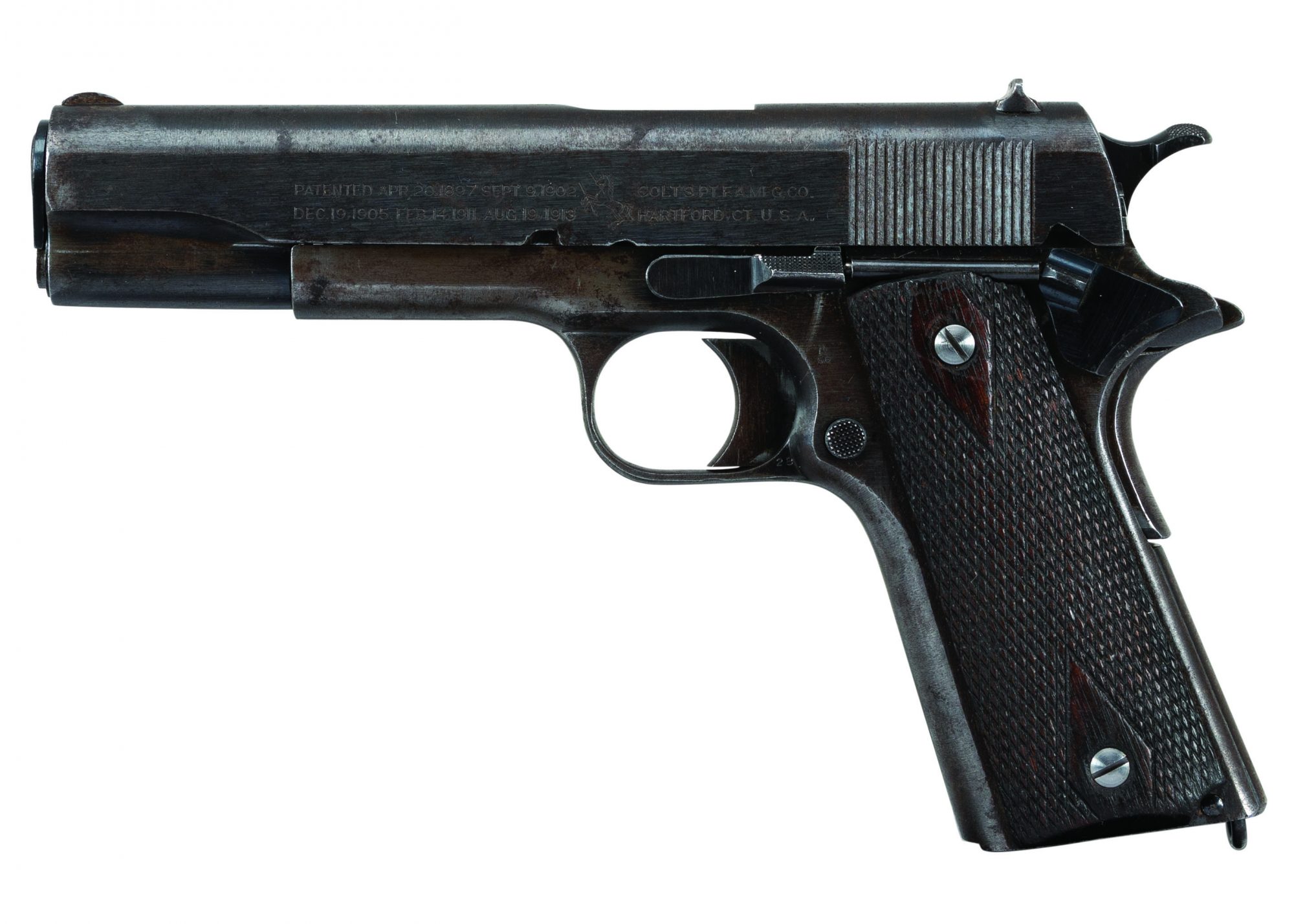 Photo of a Colt Model 1911 before restoration in the 1918-correct "Black Army" style, by Turnbull Restoration of Bloomfield, NY