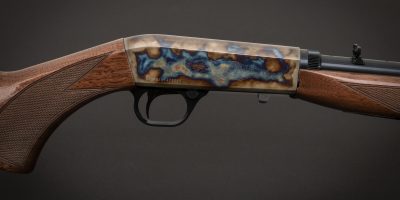 Photo of a color case hardened Browning SA-22 rifle, featuring bone charcoal color case hardening by Turnbull Restoration of Bloomfield, NY