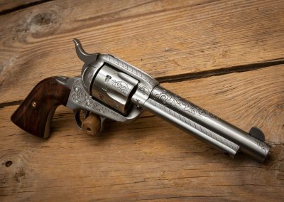 Photo of a new Ruger Vaquero revolver, featuring engraving by Turnbull Restoration of Bloomfield, NY