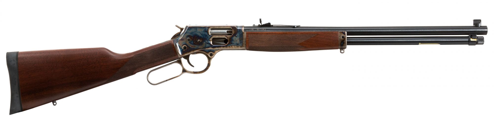 Photo of a color case hardened Henry Big Boy Steel Side Gate rifle, featuring bone charcoal color case hardening by Turnbull Restoration of Bloomfield, NY