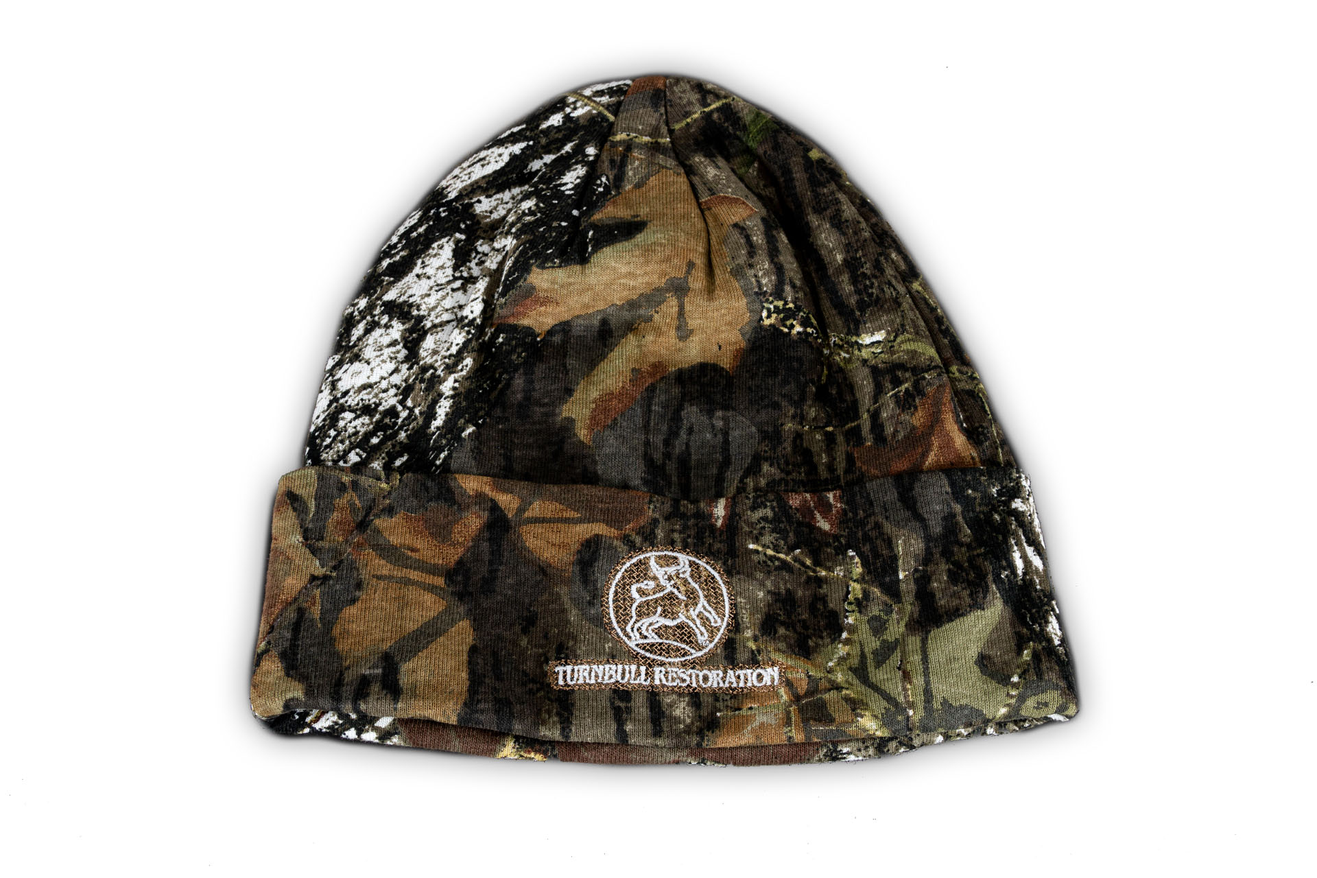 Photo of a Turnbull Restoration knit hat, printed in Mossy Oak Break-Up Country camo pattern