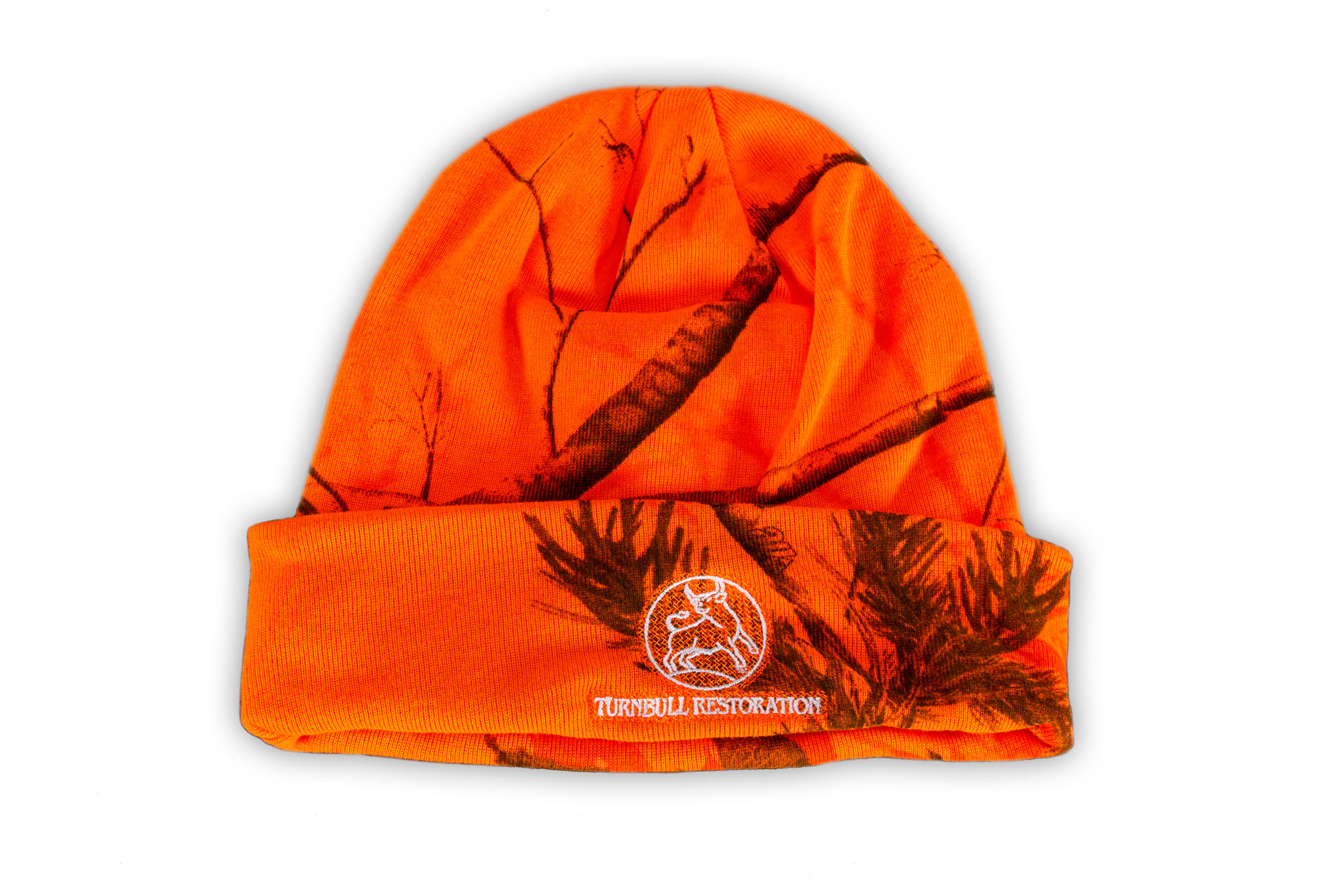 Photo of a Turnbull Restoration knit hat, printed in Realtree AP Blaze Orange camo pattern