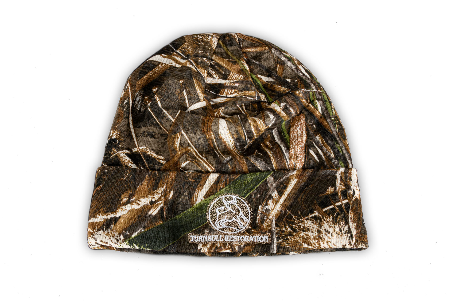 Photo of a Turnbull Restoration knit hat, printed in Realtree Max-5 camo pattern