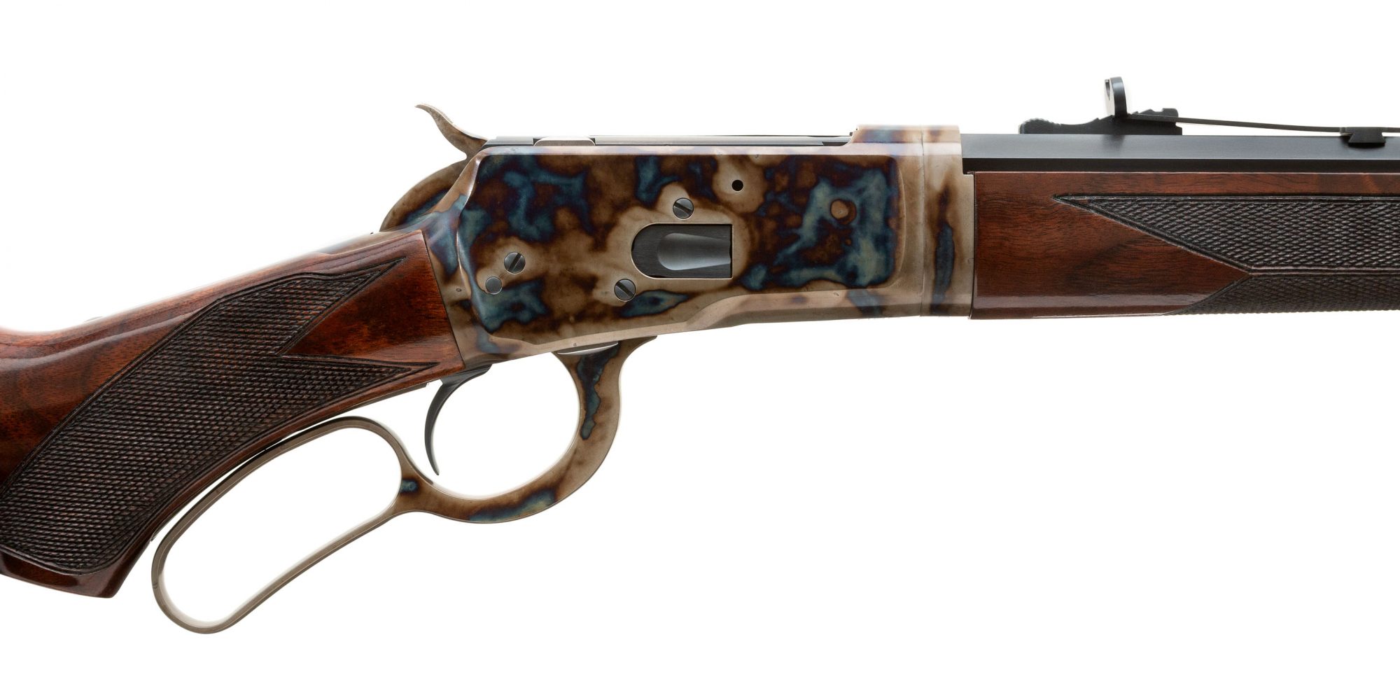 Photo of a color case hardened Winchester 1892 Trapper Takedown rifle, featuring bone charcoal color case hardening, charcoal bluing and rust bluing by Turnbull Restoration of Bloomfield, NY