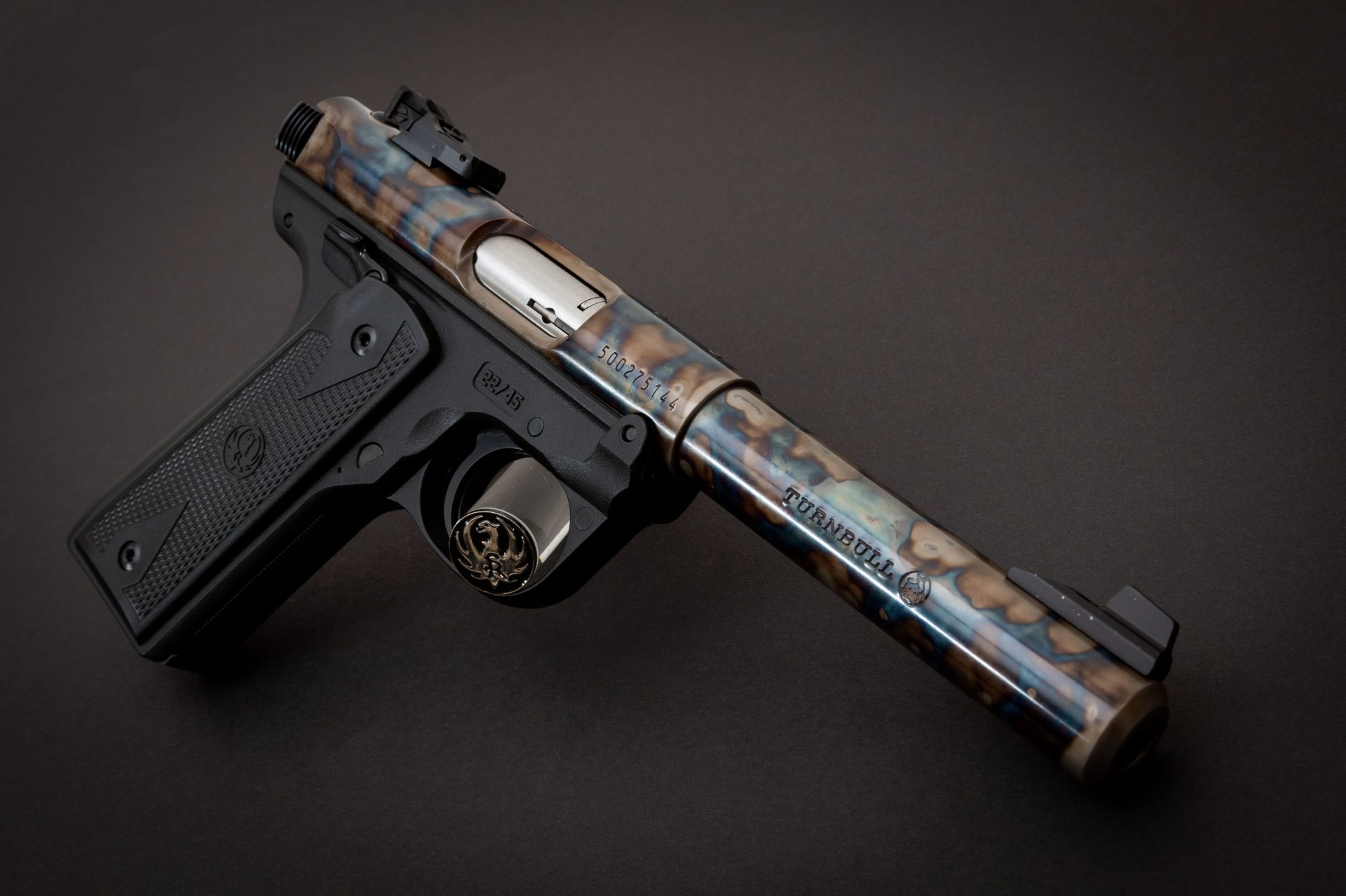 Photo of a color case hardened Ruger Mark IV 22/45 pistol, featuring bone charcoal color case hardening by Turnbull Restoration of Bloomfield, NY