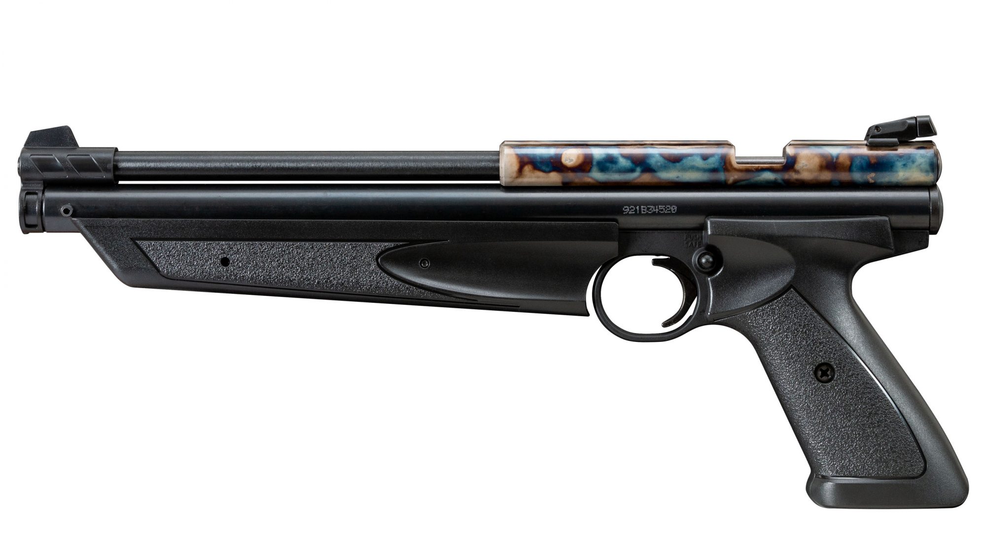 Photo of a color case hardened Crosman American Classic .22 air pistol, featuring bone charcoal color case hardening by Turnbull Restoration of Bloomfield, NY