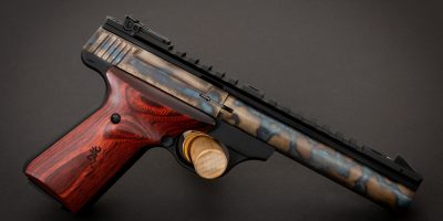 Photo of a color case hardened Browning Buck Mark pistol, featuring bone charcoal color case hardening by Turnbull Restoration of Bloomfield, NY