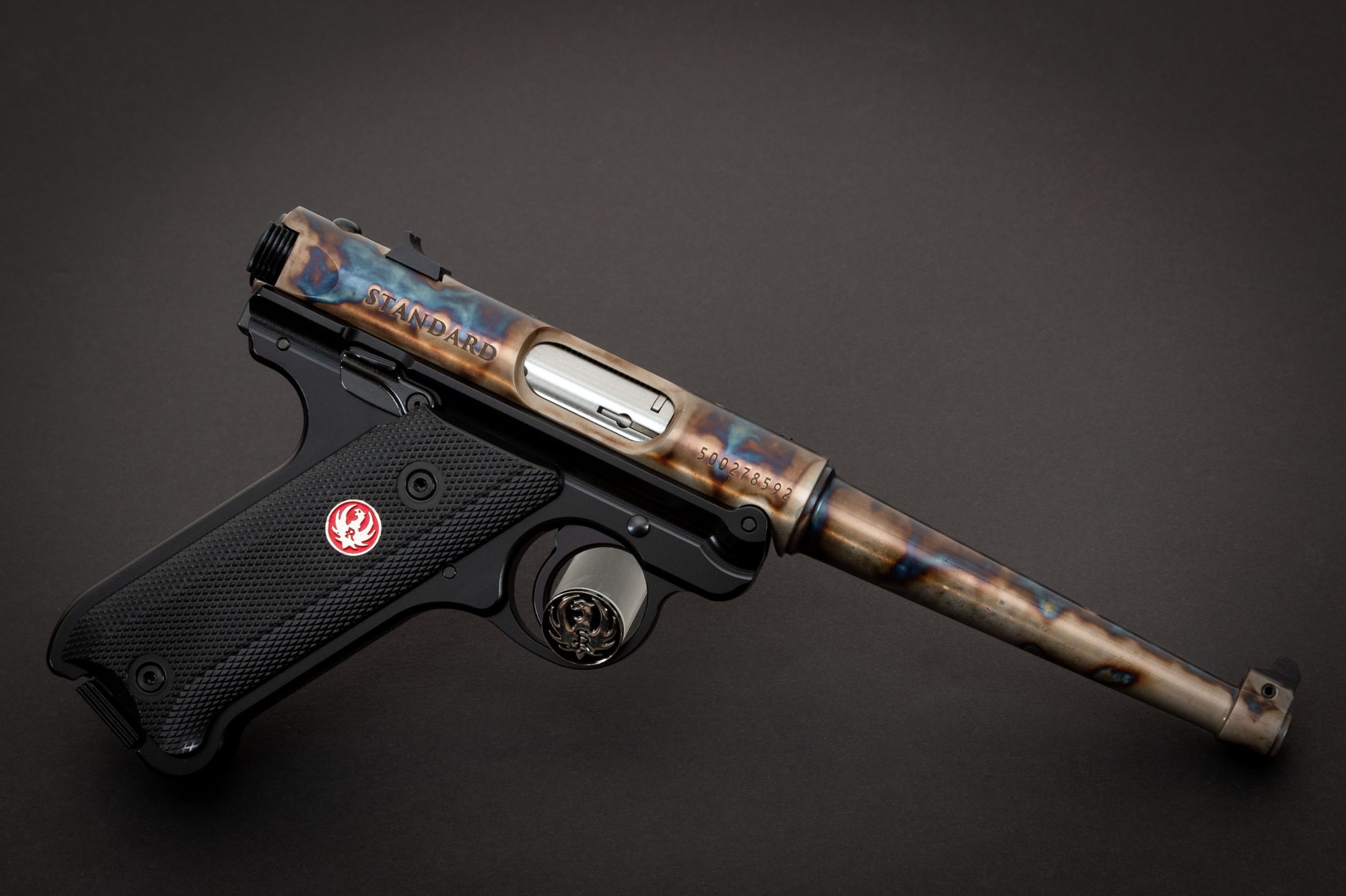 Photo of a color case hardened Ruger Mark IV Standard pistol, featuring bone charcoal color case hardening by Turnbull Restoration of Bloomfield, NY