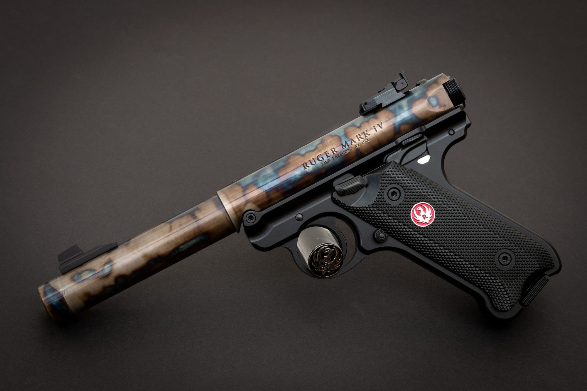 Photo of a color case hardened Ruger Mark IV Target pistol, featuring bone charcoal color case hardening by Turnbull Restoration of Bloomfield, NY