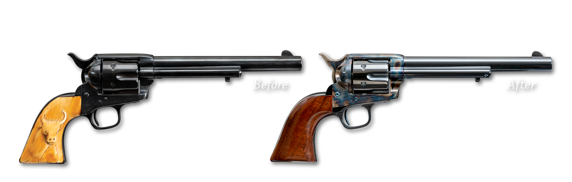 Photo of a Colt Super Match .38 Super Automatic pistol, both before and after restoration by Turnbull Restoration of Bloomfield, NY