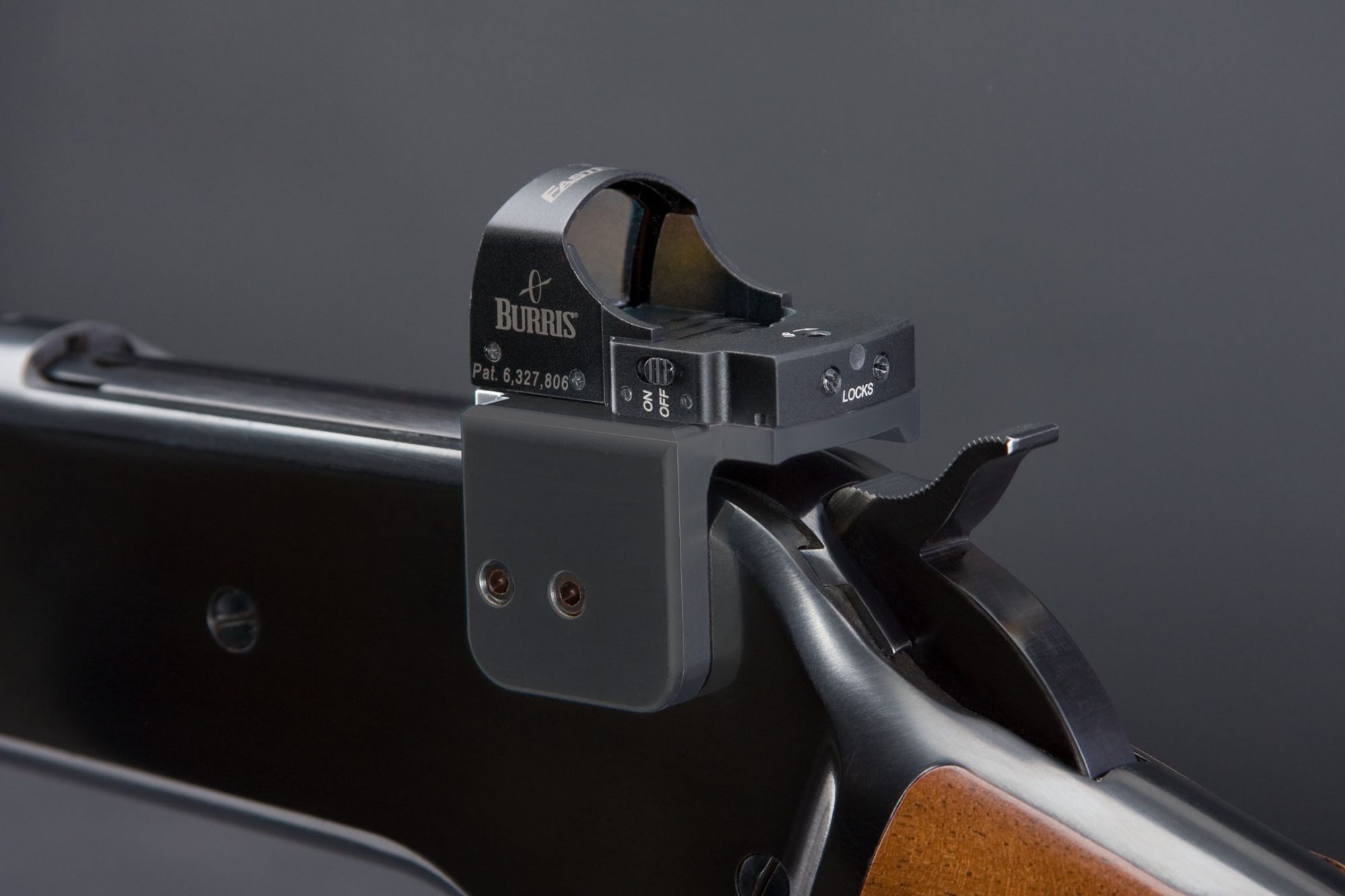 Photo of a red dot mount for Vortex Venom, Burris FastFire 3, and other red dot reflex sights, made by Turnbull Restoration for Winchester Model 71 and Model 1886 lever action rifles