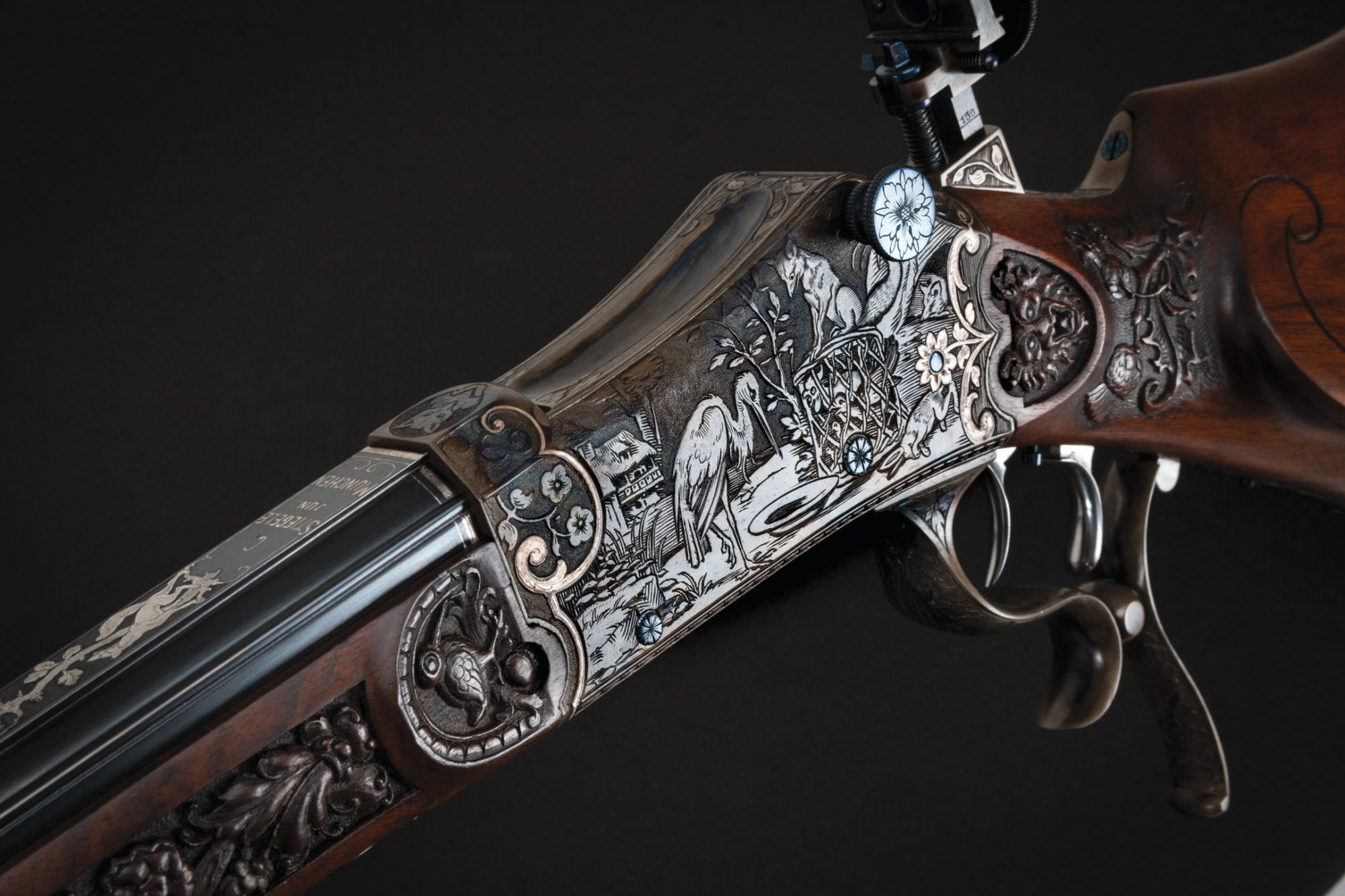 Photo of an engraved German martini style rifle after restoration by Turnbull Restoration Co. of Bloomfield, NY