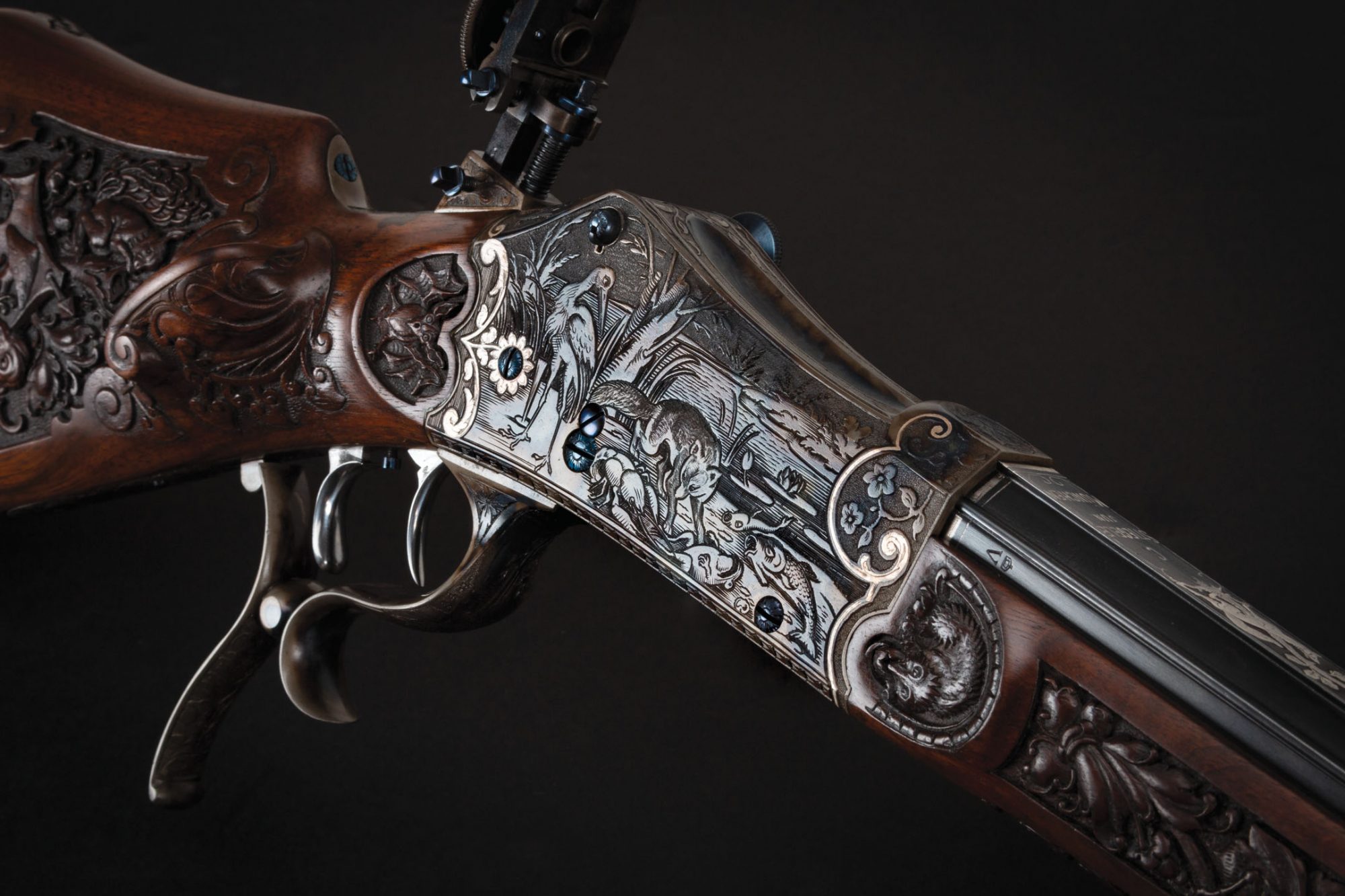 Photo of an engraved German martini style rifle after restoration by Turnbull Restoration Co. of Bloomfield, NY