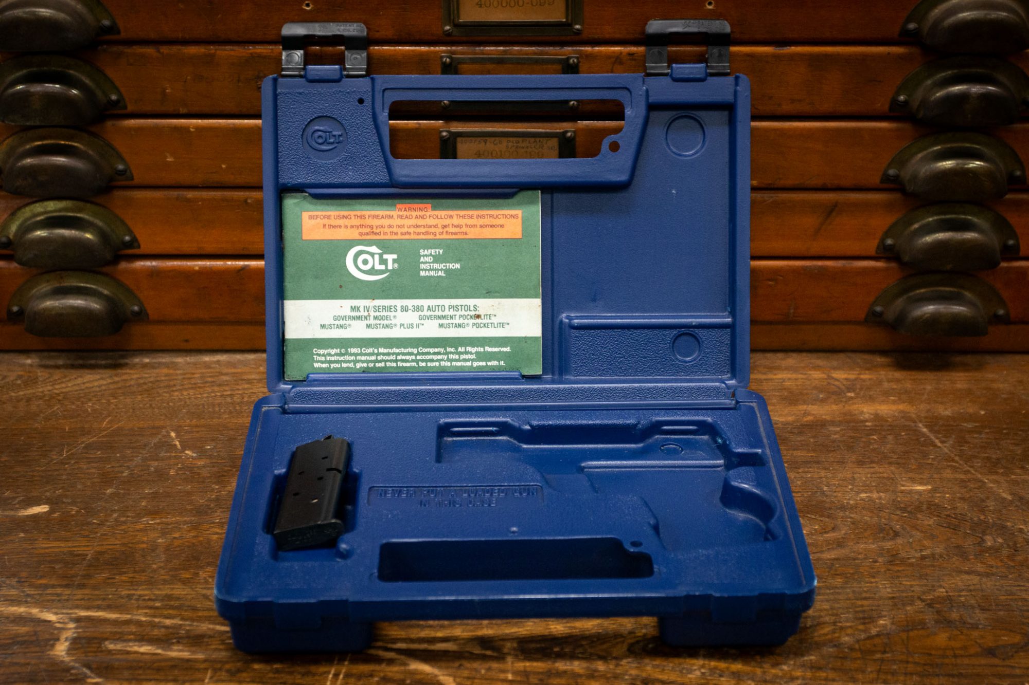 Case for a Colt Mustang MK IV Series 80 in .380 Auto, for sale by Turnbull Restoration of Bloomfield, NY