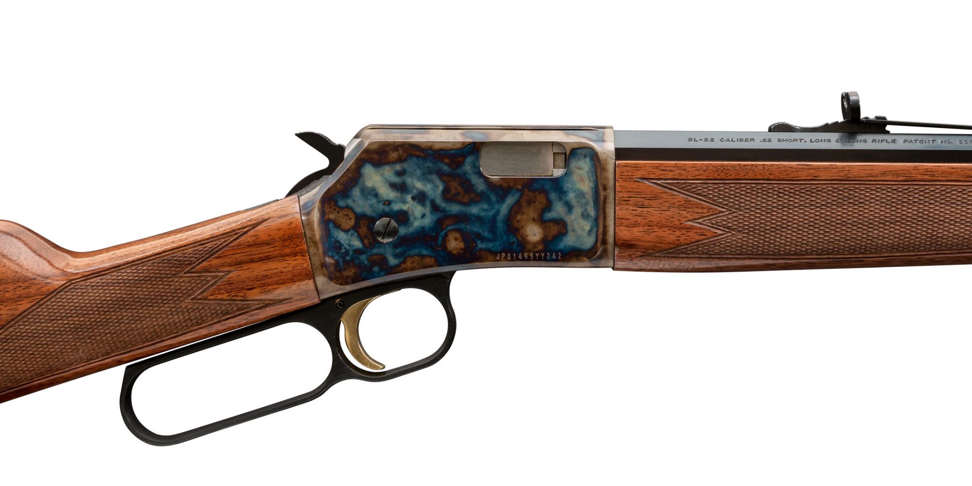 Photo of a color case hardened Browning BL-22 Grade II Octagon model featuring bone charcoal case hardening by Turnbull Restoration of Bloomfield, NY