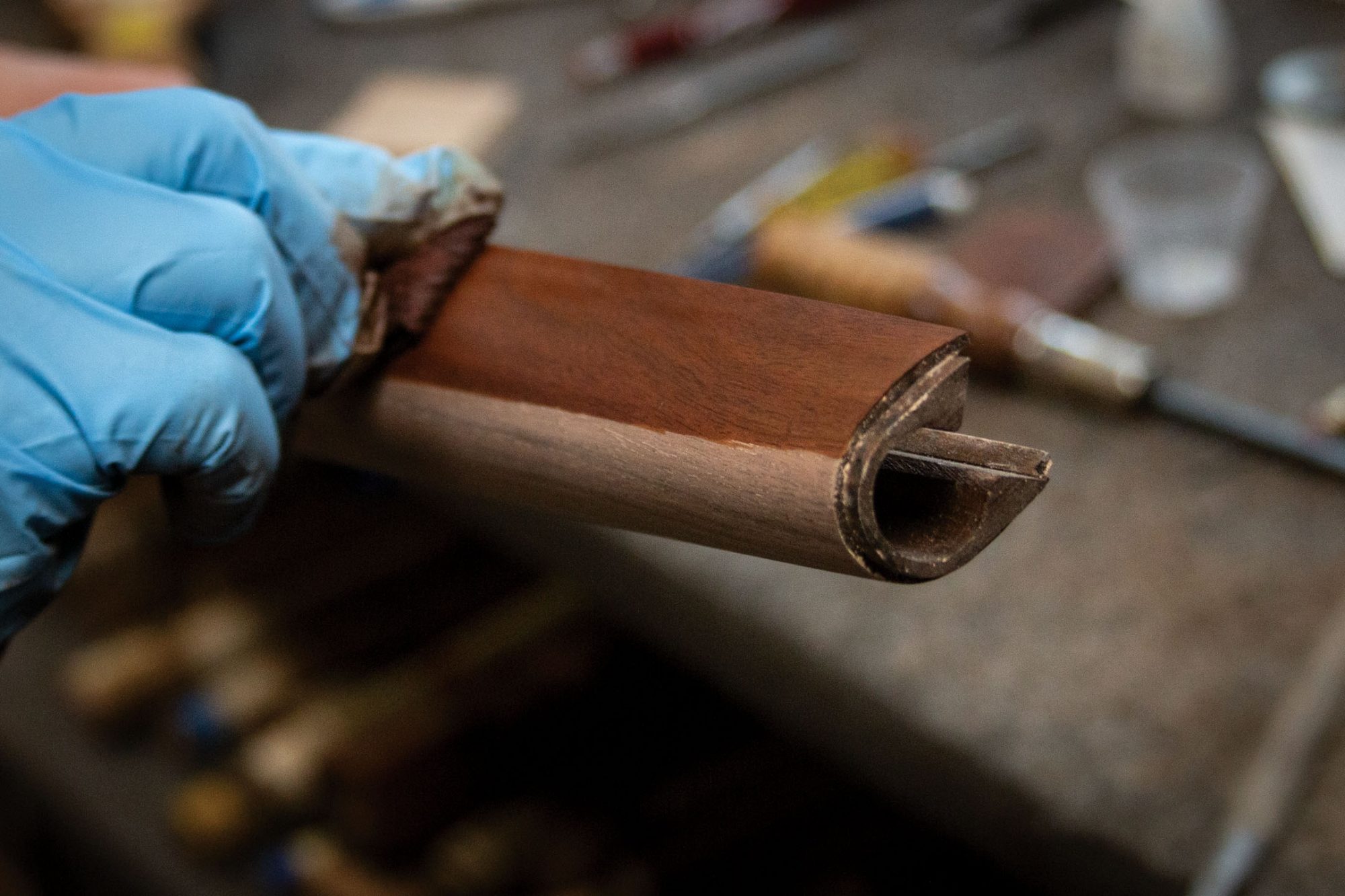 Photo of a Winchester Model 1892 from 1900 undergoing restoration in 2019 by Turnbull Restoration Co. of Bloomfield, NY