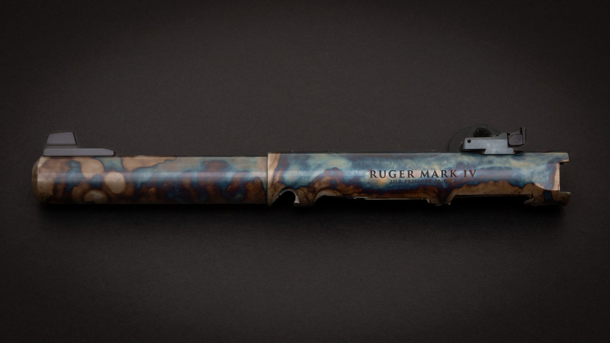 Photo of a color case hardened Ruger Mark IV barrel by Turnbull Restoration of Bloomfield, NY