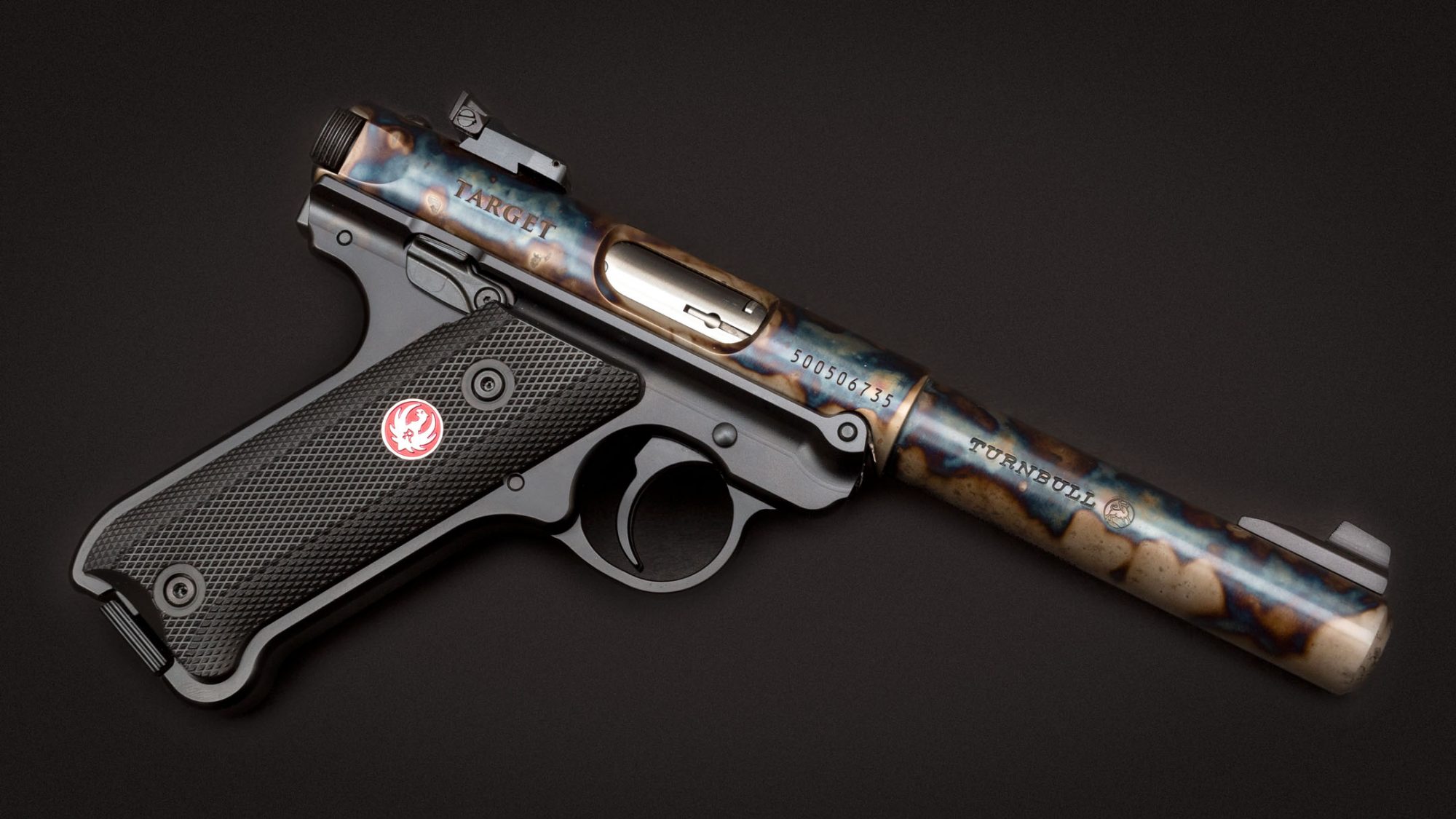 Photo of a color case hardened Ruger Mark IV Target pistol, featuring bone charcoal color case hardening by Turnbull Restoration of Bloomfield, NY
