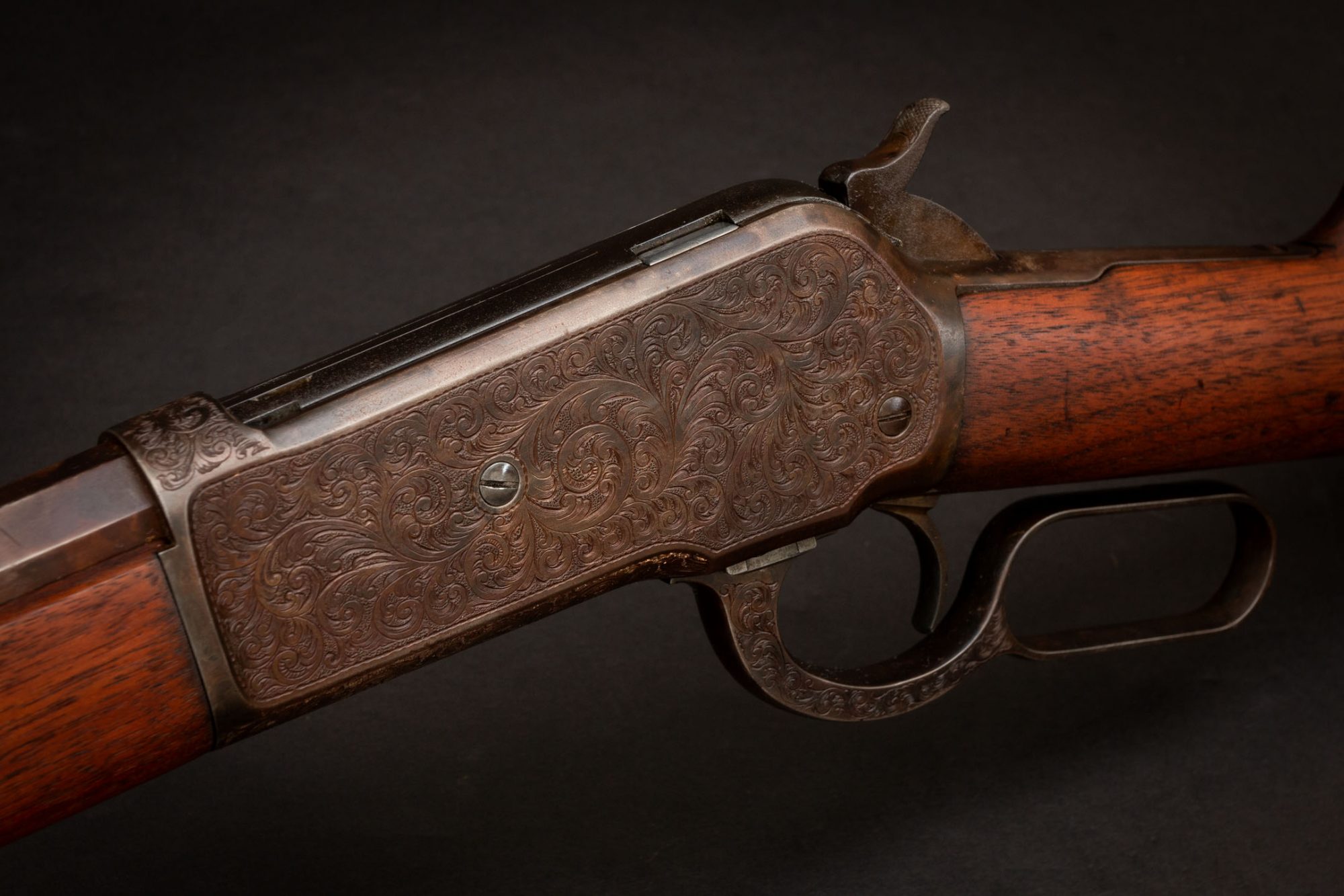 Photo of a Winchester Model 1886 rifle engraved by Ralph W. Ingle, for sale by Turnbull Restoration of Bloomfield, NY