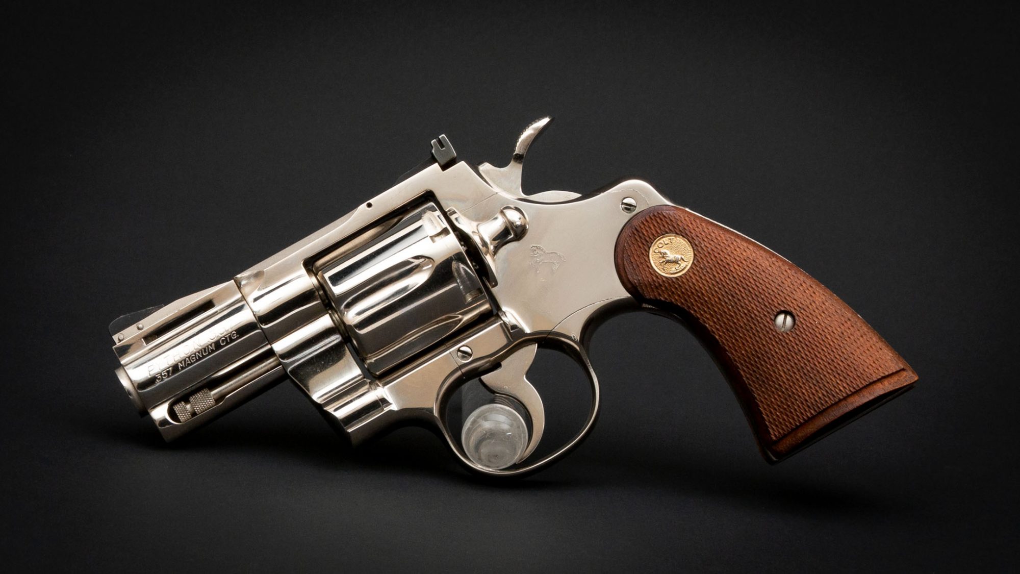 Photo of a nickel plated Colt Python revolver, for sale by Turnbull Restoration of Bloomfield, NY