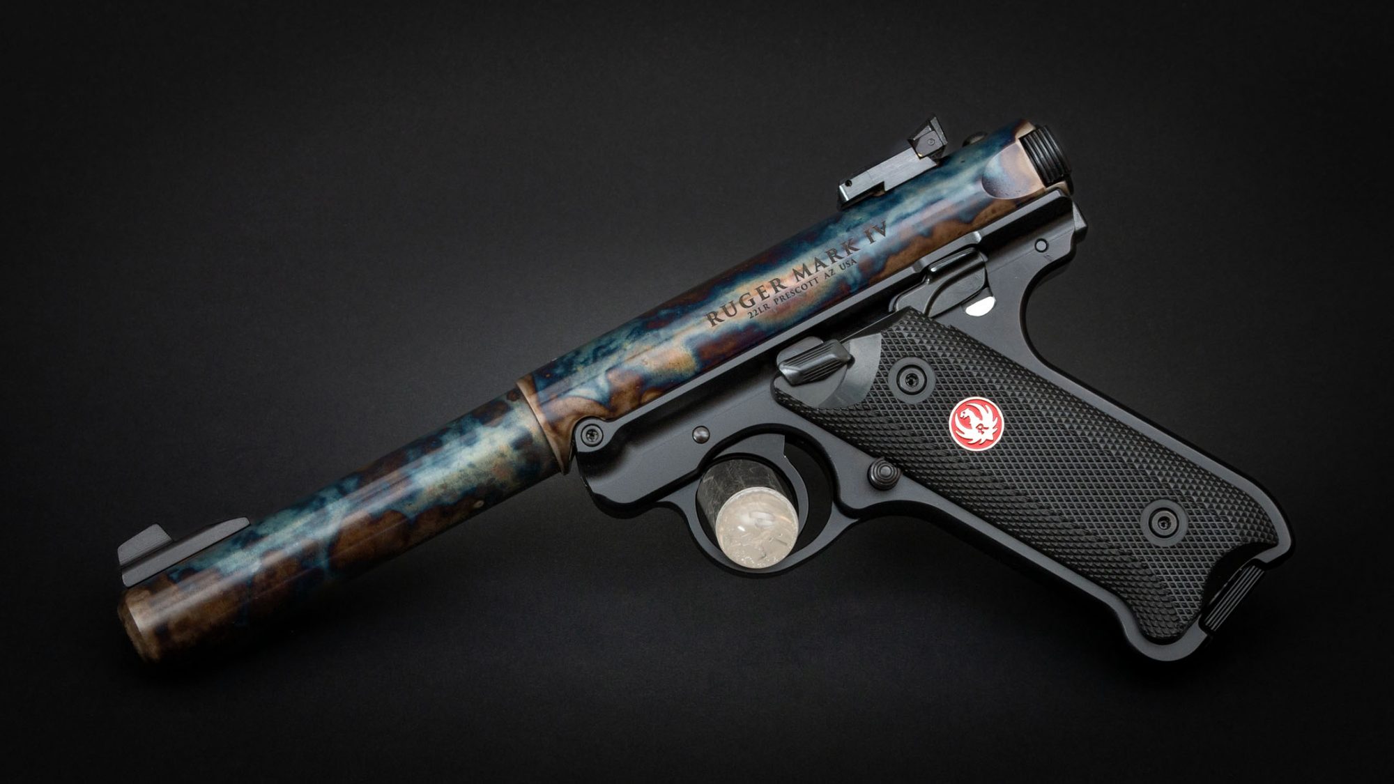 Photo of a color case hardened Ruger Mark IV Target pistol, featuring bone charcoal color case hardening by Turnbull Restoration Co. of Bloomfield, NY