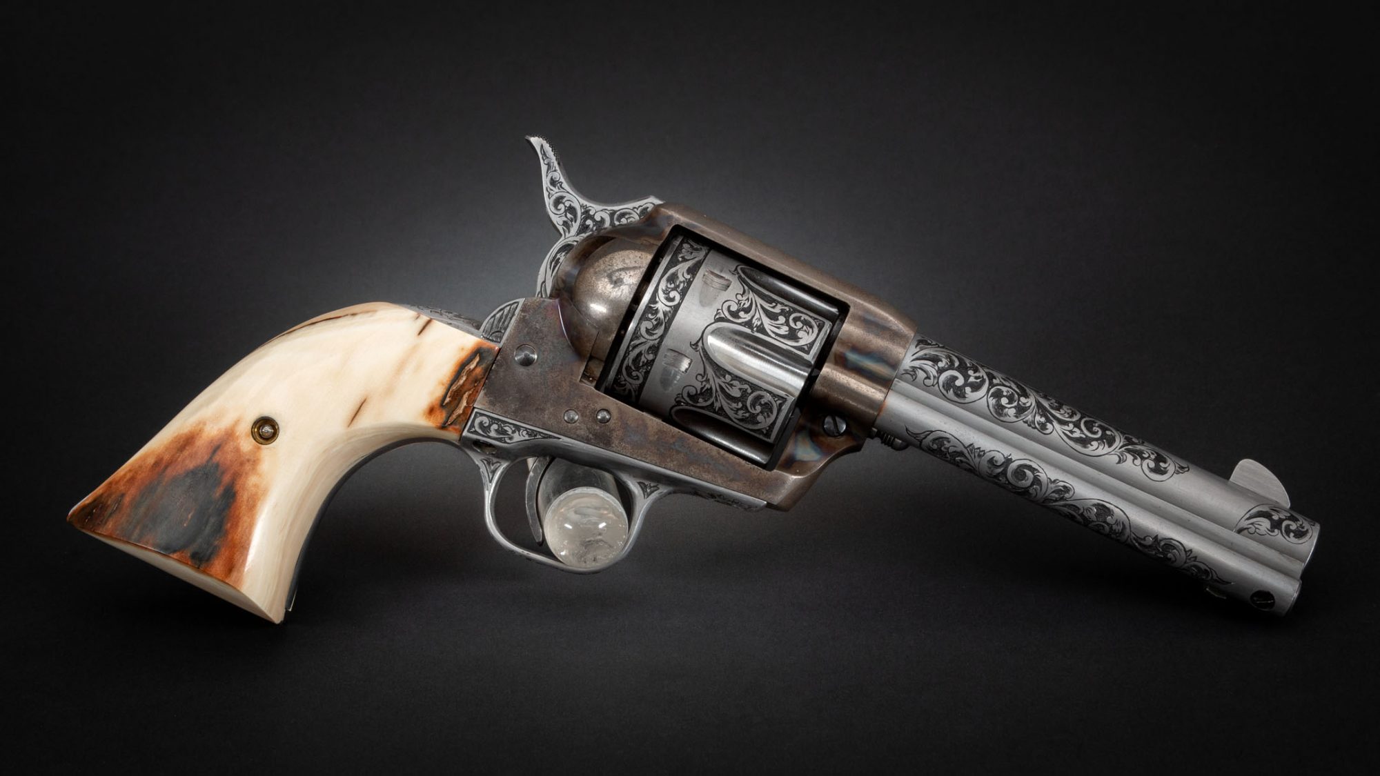 Photo of a Colt SAA revolver engraved by Ralph W. Ingle, for sale by Turnbull Restoration of Bloomfield, NY