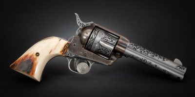 Photo of a Colt SAA revolver engraved by Ralph W. Ingle, for sale by Turnbull Restoration of Bloomfield, NY