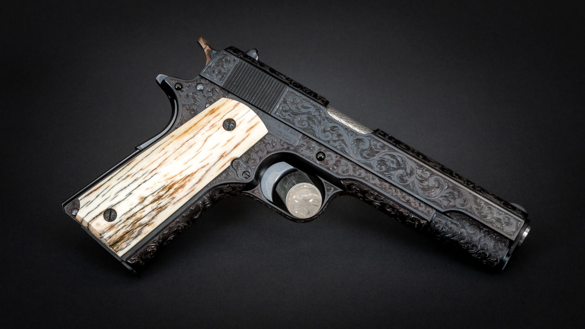 Photo of a Turnbull Model 1911 pistol engraved by Ralph W. Ingle, for sale by Turnbull Restoration of Bloomfield, NY