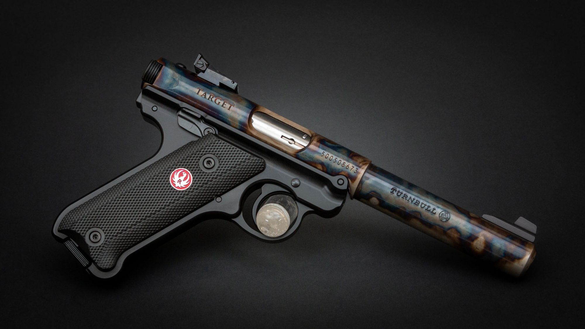 Photo of a color case hardened Ruger Mark IV Target pistol, featuring bone charcoal color case hardening by Turnbull Restoration Co. of Bloomfield, NY