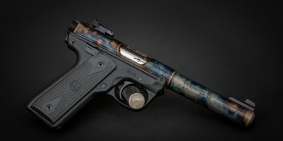 Photo of a color case hardened Ruger Mark IV 22/45 pistol, featuring bone charcoal color case hardening by Turnbull Restoration Co. of Bloomfield, NY