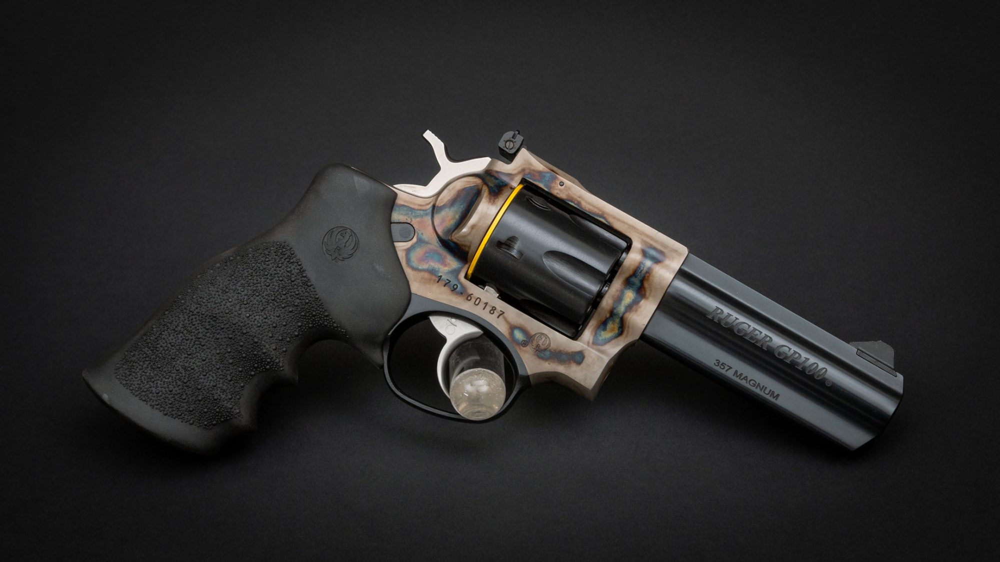 Photo of a Ruger GP100 revolver, featuring bone charcoal color case hardened frame by Turnbull Restoration Co. of Bloomfield, NY
