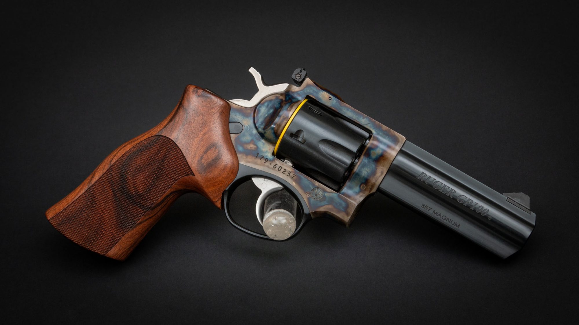 Photo of a Ruger GP100 revolver, featuring bone charcoal color case hardened frame by Turnbull Restoration Co. of Bloomfield, NY