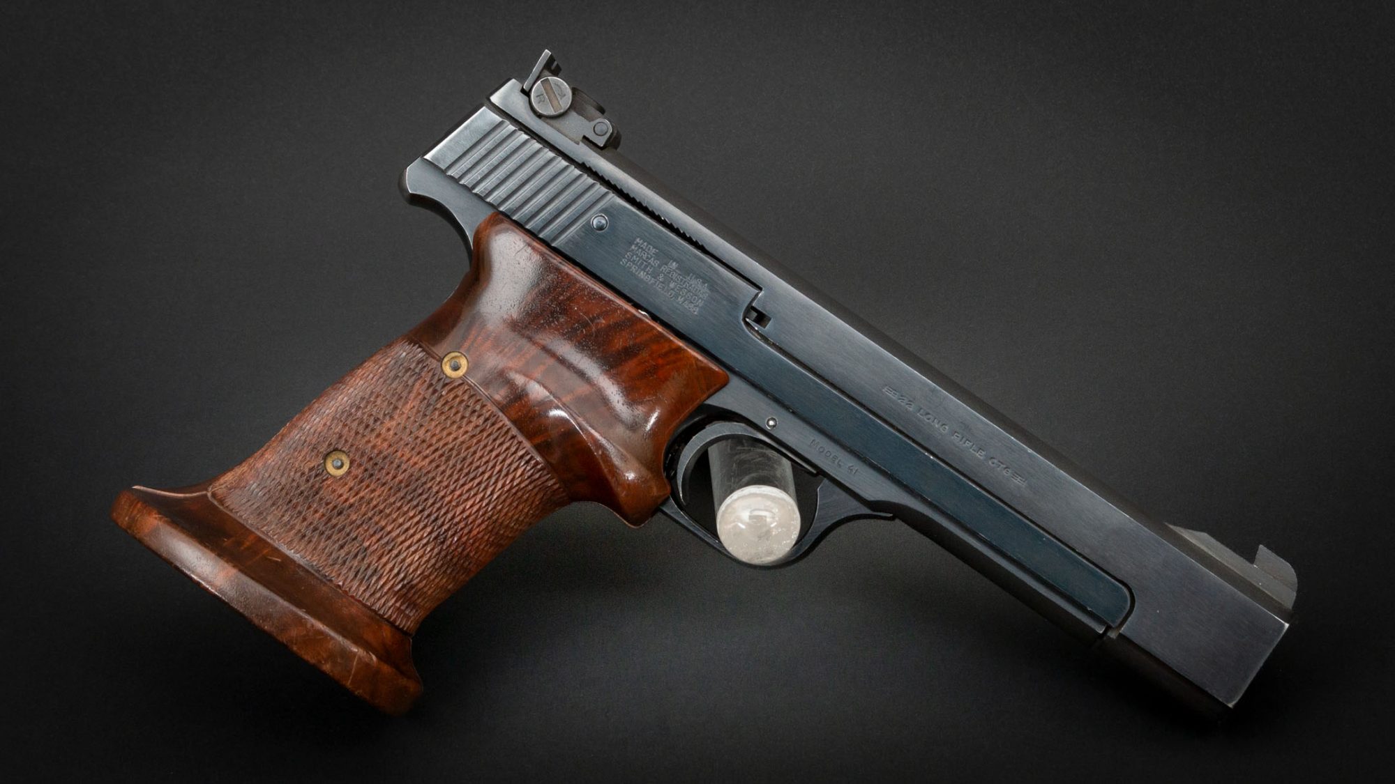 Smith & Wesson Model 41 with oversized target grips, for sale by Turnbull Restoration Co. of Bloomfield, NY