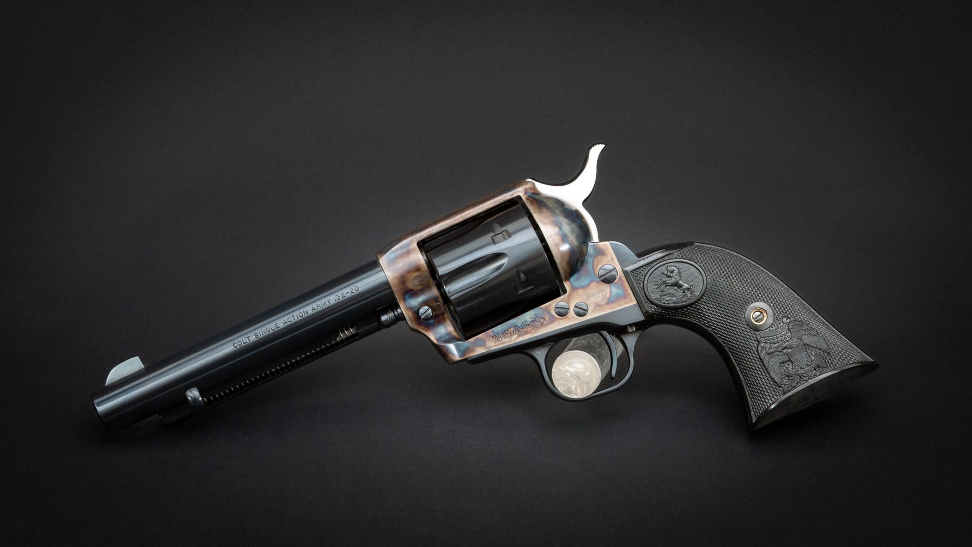 Colt SAA revolver in .32-20 Winchester, featuring Turnbull bone charcoal color case hardening, for sale by Turnbull Restoration Co. of Bloomfield, NY