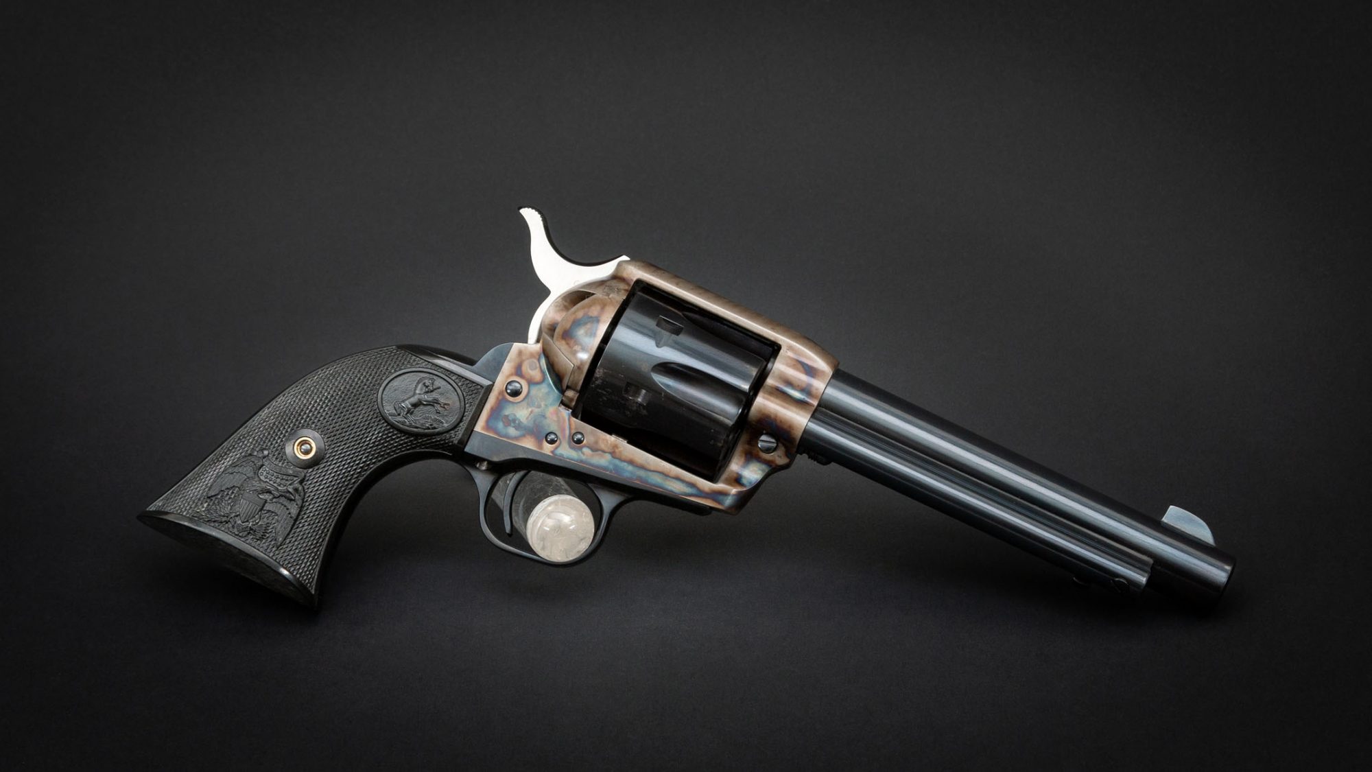 Colt SAA revolver in .32-20 Winchester, featuring Turnbull bone charcoal color case hardening, for sale by Turnbull Restoration Co. of Bloomfield, NY