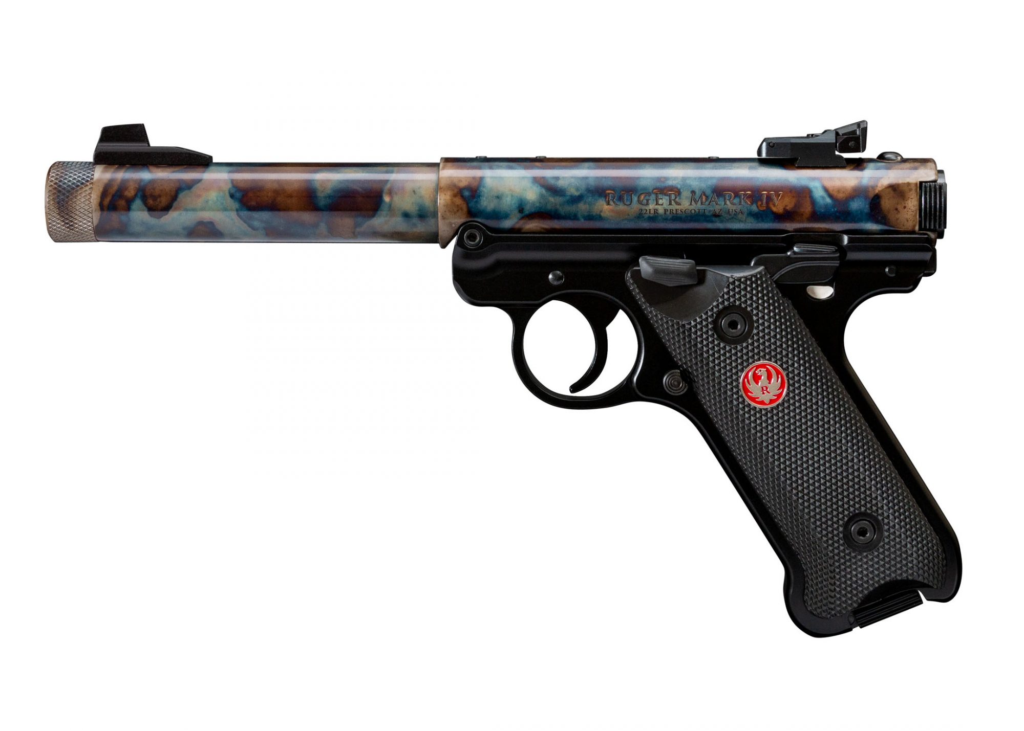 Ruger Mark IV with threaded barrel featuring bone charcoal case colors by Turnbull Restoration