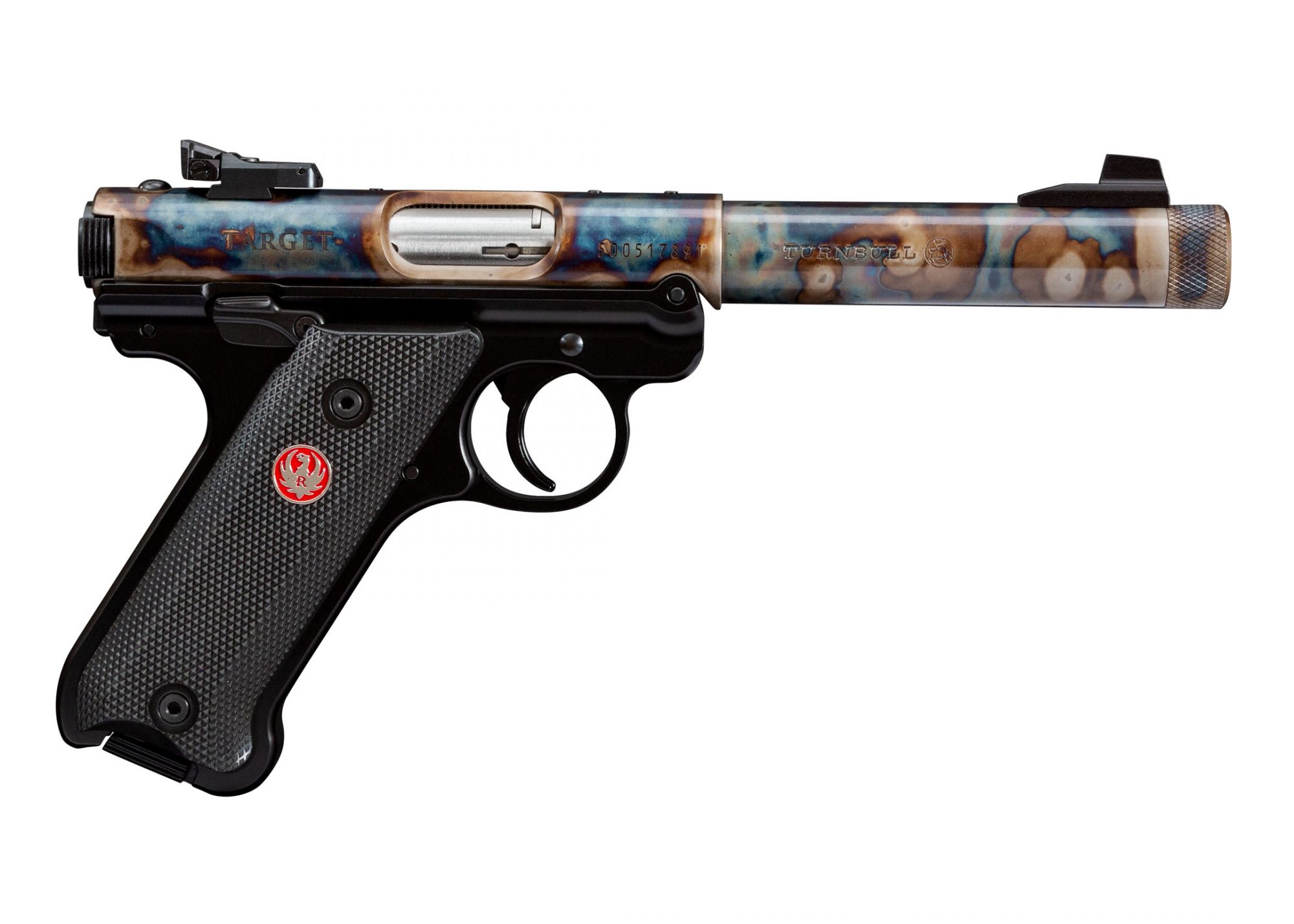 Ruger Mark IV with threaded barrel featuring bone charcoal case colors by Turnbull Restoration