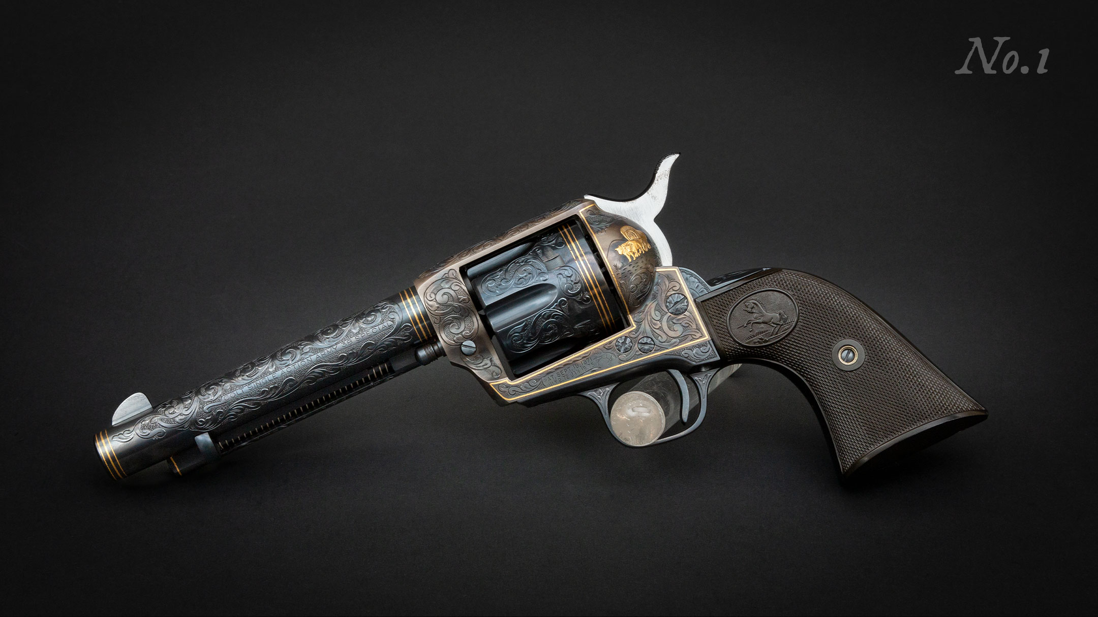 First of a consecutive-numbered pair of 2nd Generation, Bledsoe-engraved, Colt Single Action Army revolvers, restored and for sale by Turnbull Restoration of Bloomfield, NY