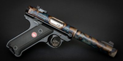 Ruger Mark IV Target Model with Threaded Barrel, featuring bone charcoal color case hardened barrel by Turnbull Restoration Co. of Bloomfield, NY