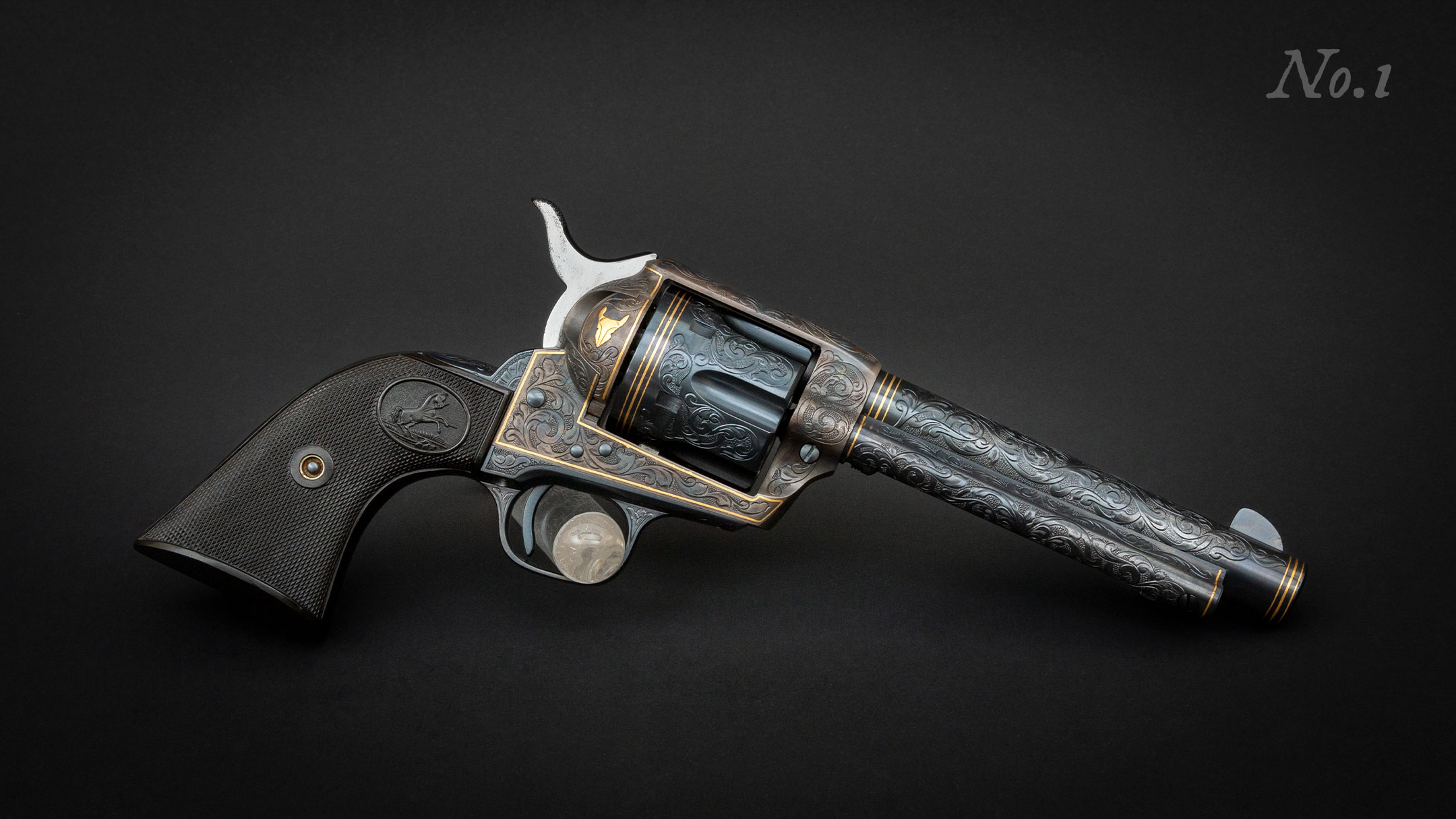 First of a consecutive-numbered pair of 2nd Generation, Bledsoe-engraved, Colt Single Action Army revolvers, restored and for sale by Turnbull Restoration of Bloomfield, NY