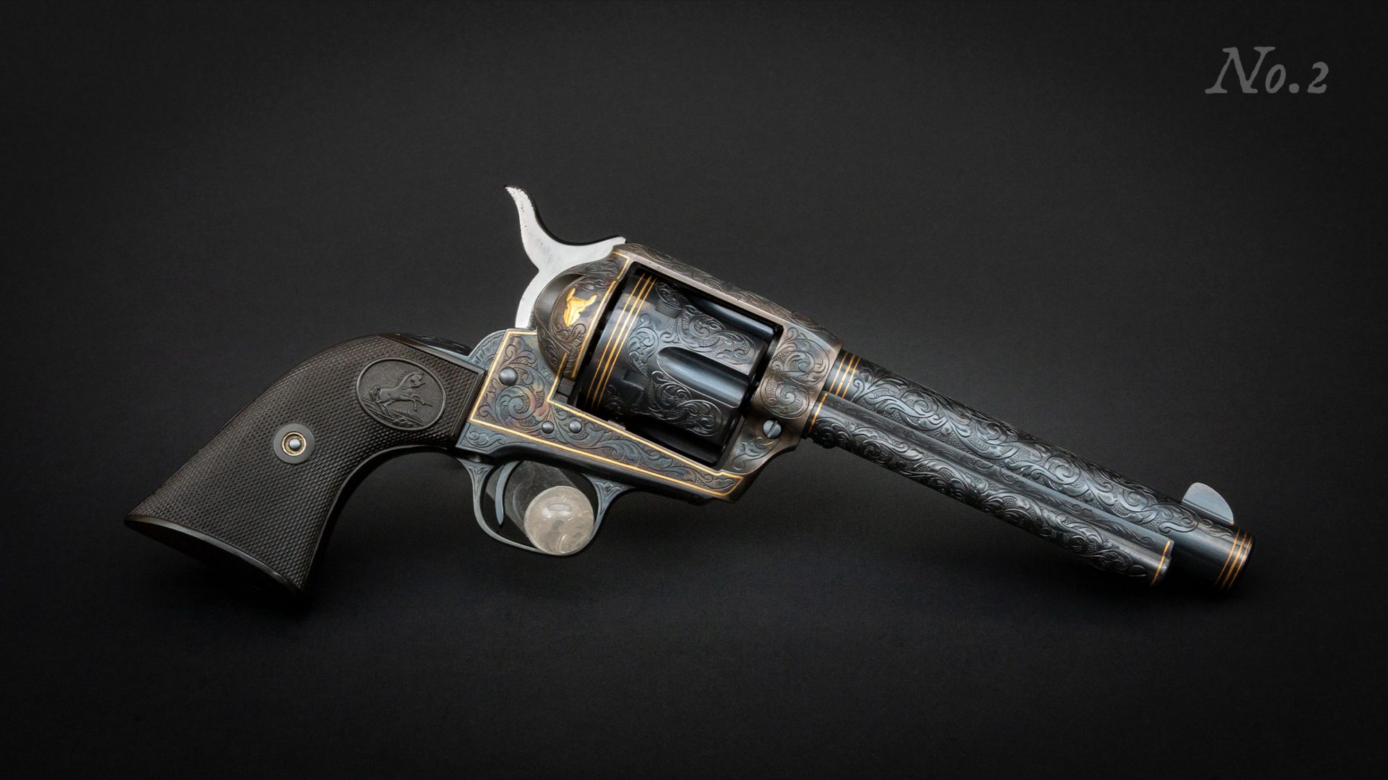 Second of a consecutive-numbered pair of 2nd Generation, Bledsoe-engraved, Colt Single Action Army revolvers, restored and for sale by Turnbull Restoration of Bloomfield, NY