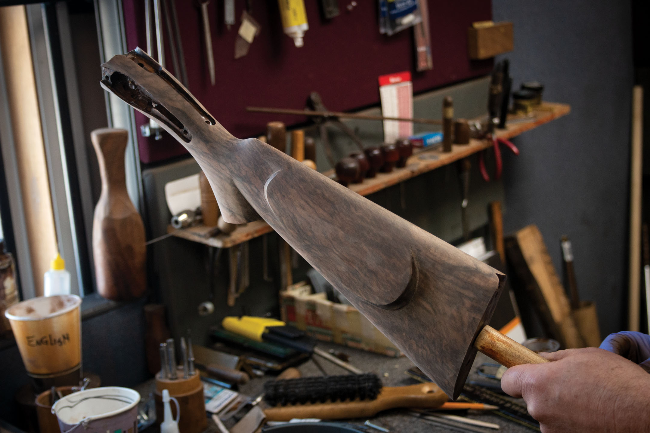 Buttstock finishing work performed during an A. Hollis & Son double rifle restoration project
