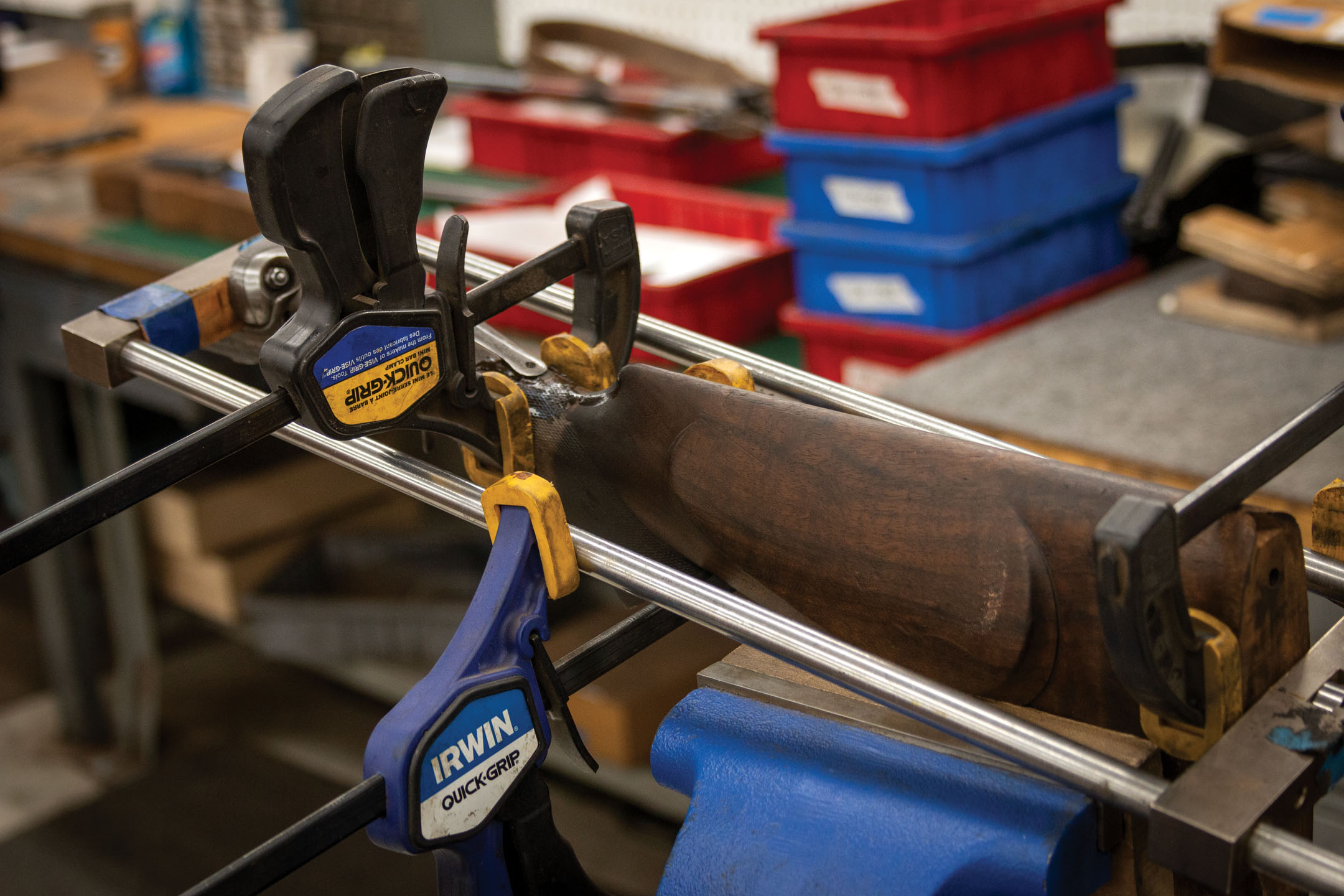 Original stock repair work performed during an A. Hollis & Son double rifle restoration project