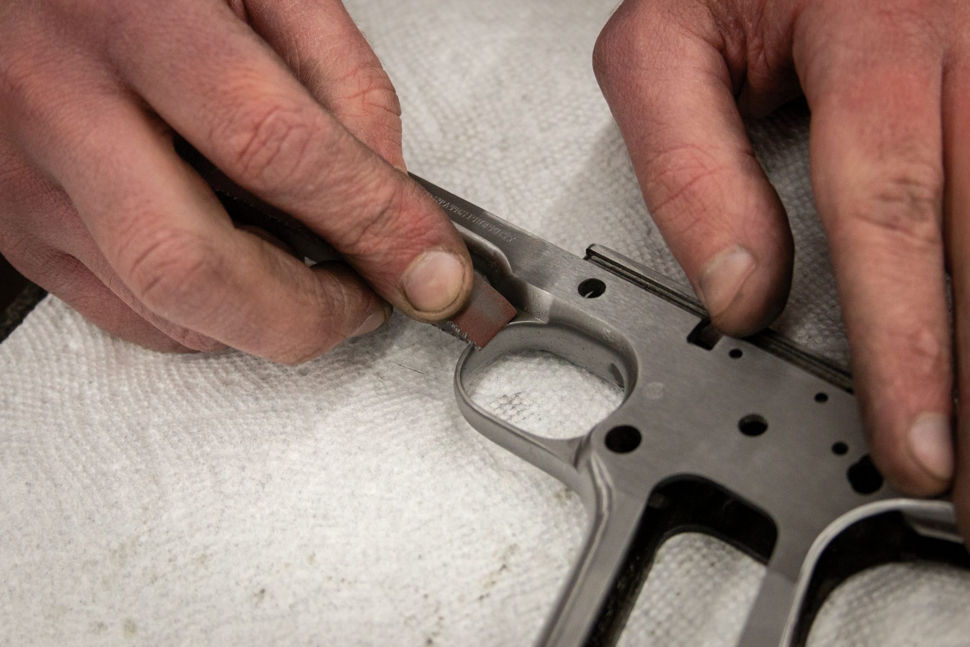 Colt NRA Model 1911 U.S. Army service pistol, during restoration process by Turnbull Restoration Co. of Bloomfield, NY