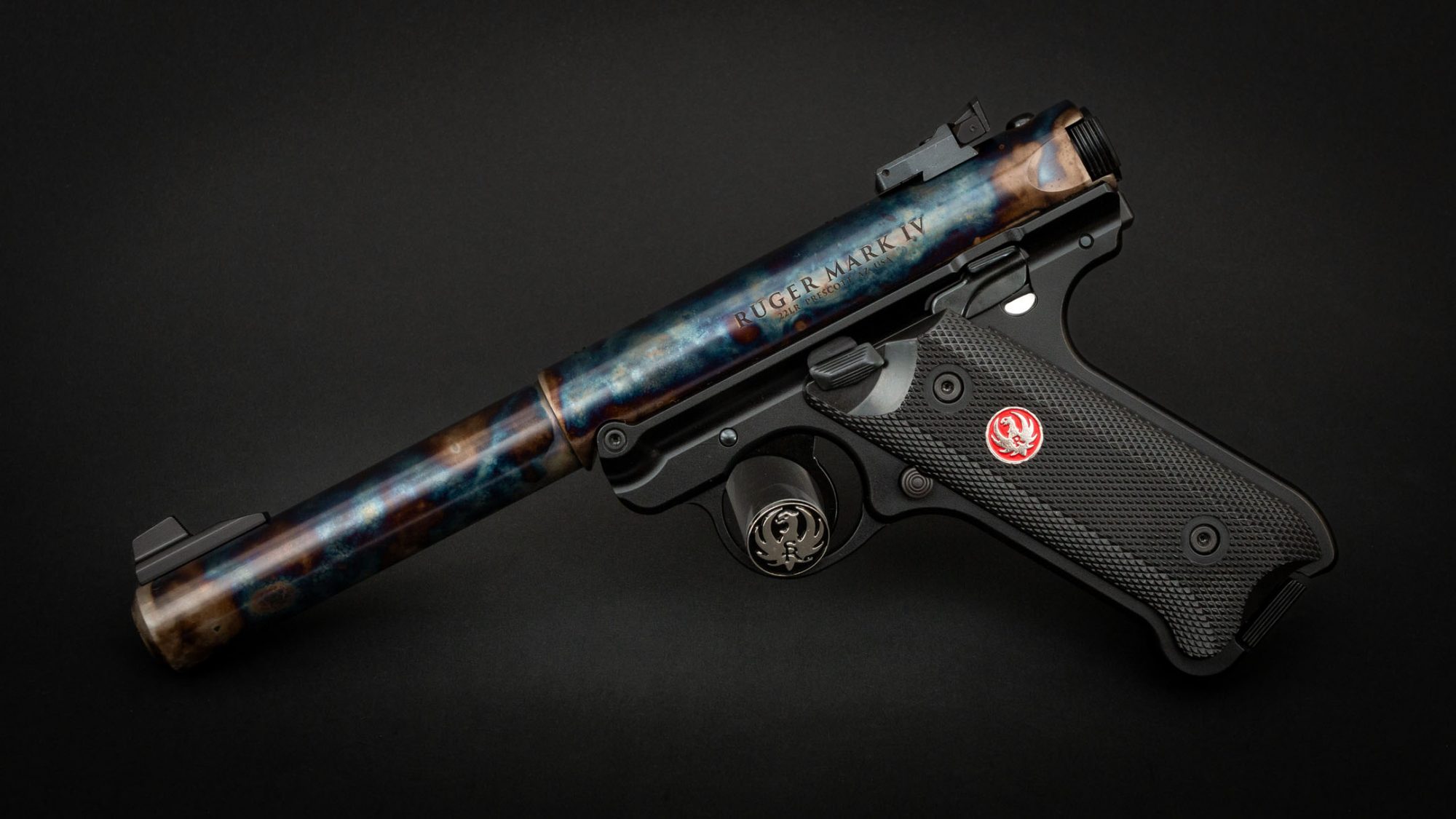 Ruger Mark IV Target in 22 LR, featuring bone charcoal color case hardening by Turnbull Restoration Co.