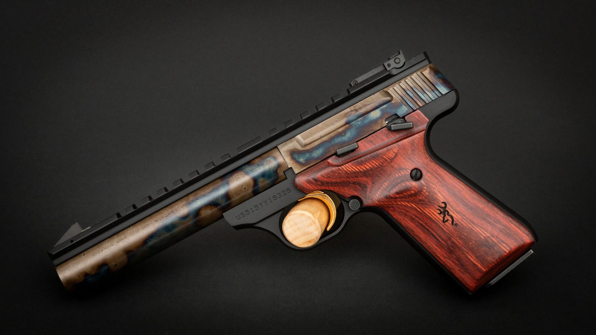 Browning Buck Mark Field Target in 22 LR, featuring bone charcoal color case hardening by Turnbull Restoration Co.