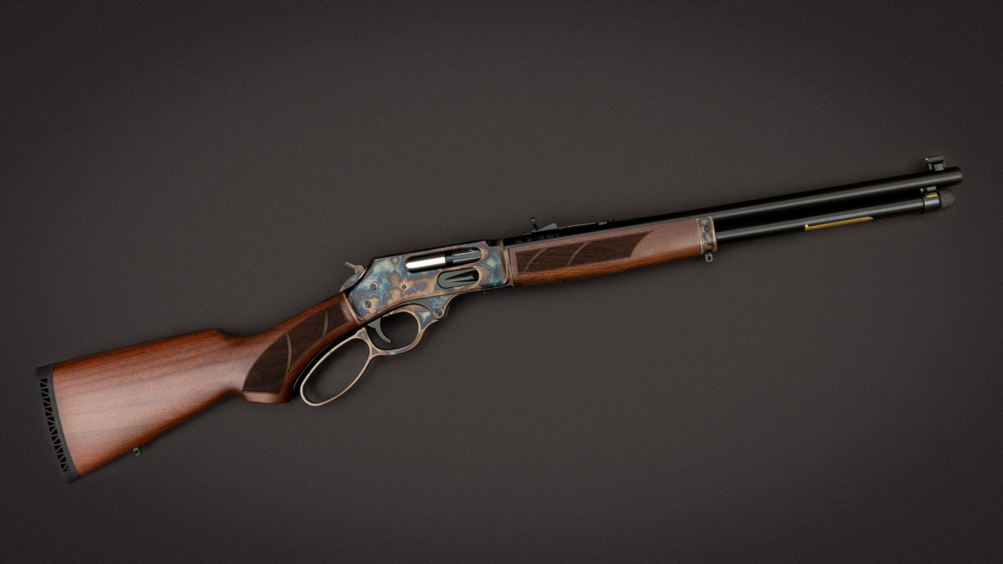 Color case hardened Henry Side Loading Gate rifle, featuring bone charcoal color case hardening by Turnbull Restoration of Bloomfield, NY