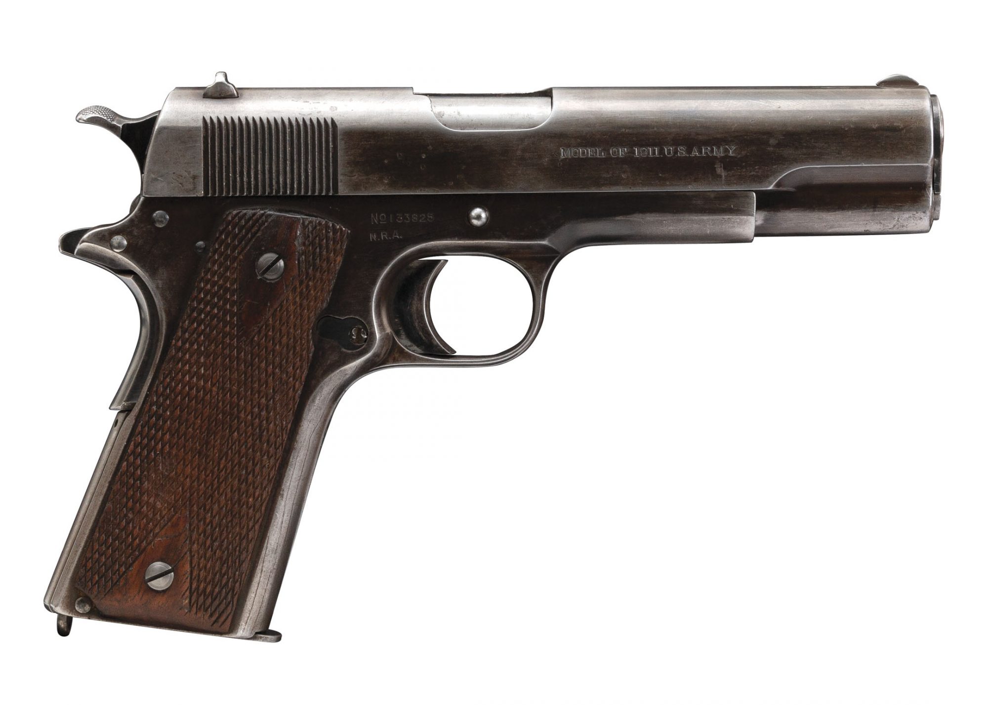 Colt NRA Model 1911 U.S. Army service pistol, before restoration process by Turnbull Restoration Co. of Bloomfield, NY